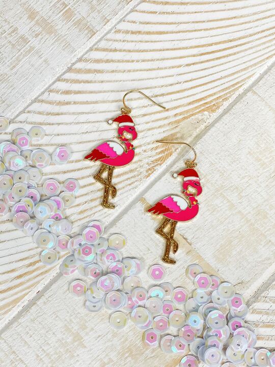 Christmas Flamingo Enamel Dangle Earrings