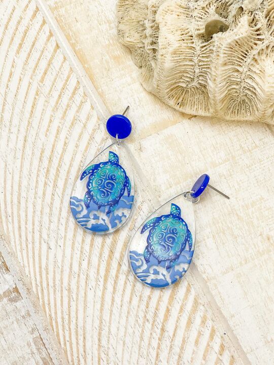 Blue Turtle Painted Clear Dangle Earrings