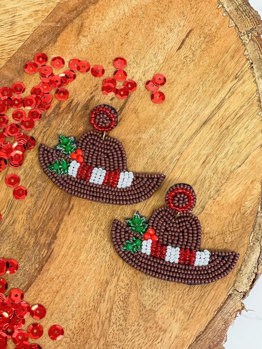 Christmas Cowboy Hat Beaded Dangle Earrings