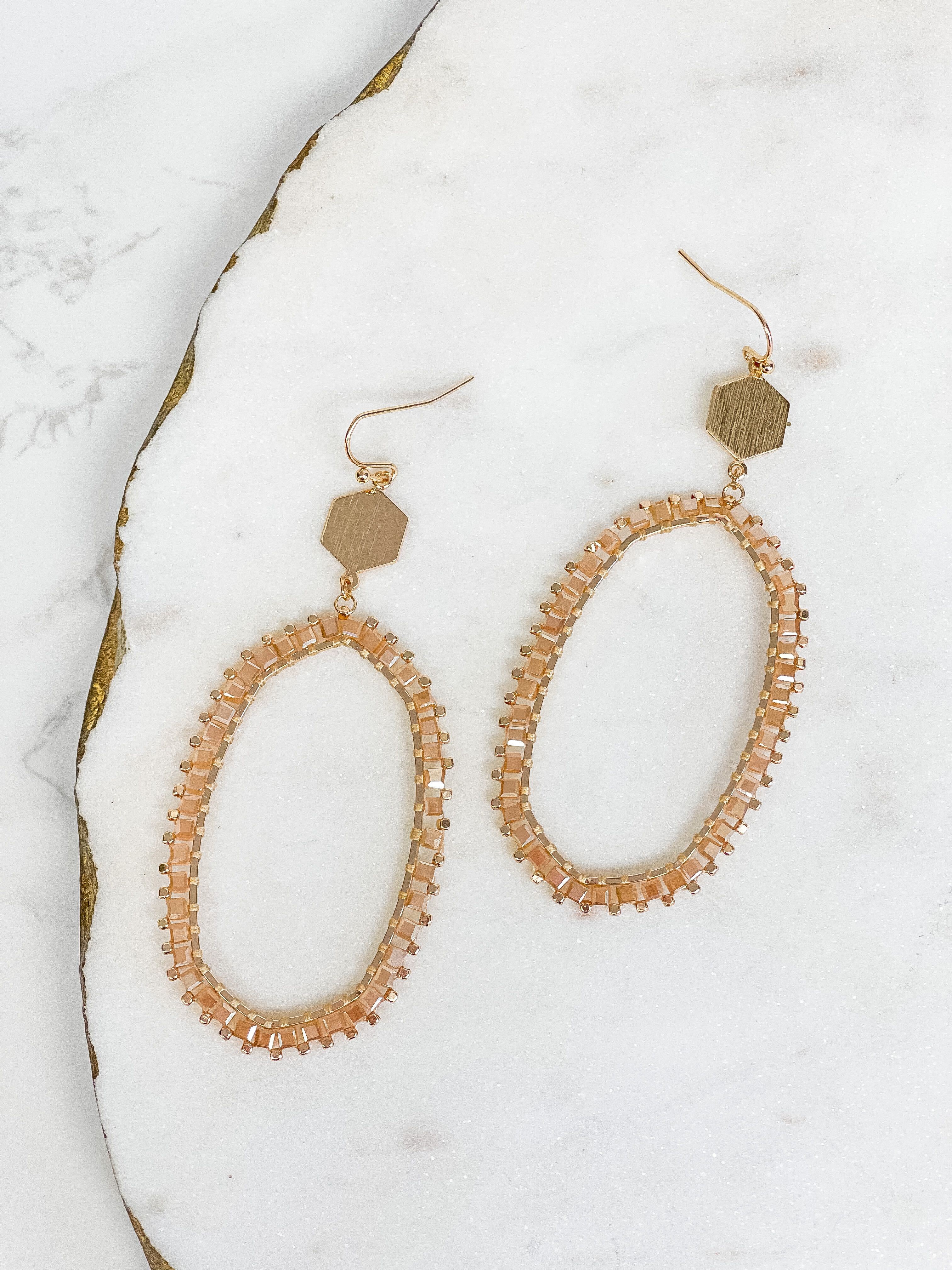 Crystal Beaded Studded Drop Earrings - Beige