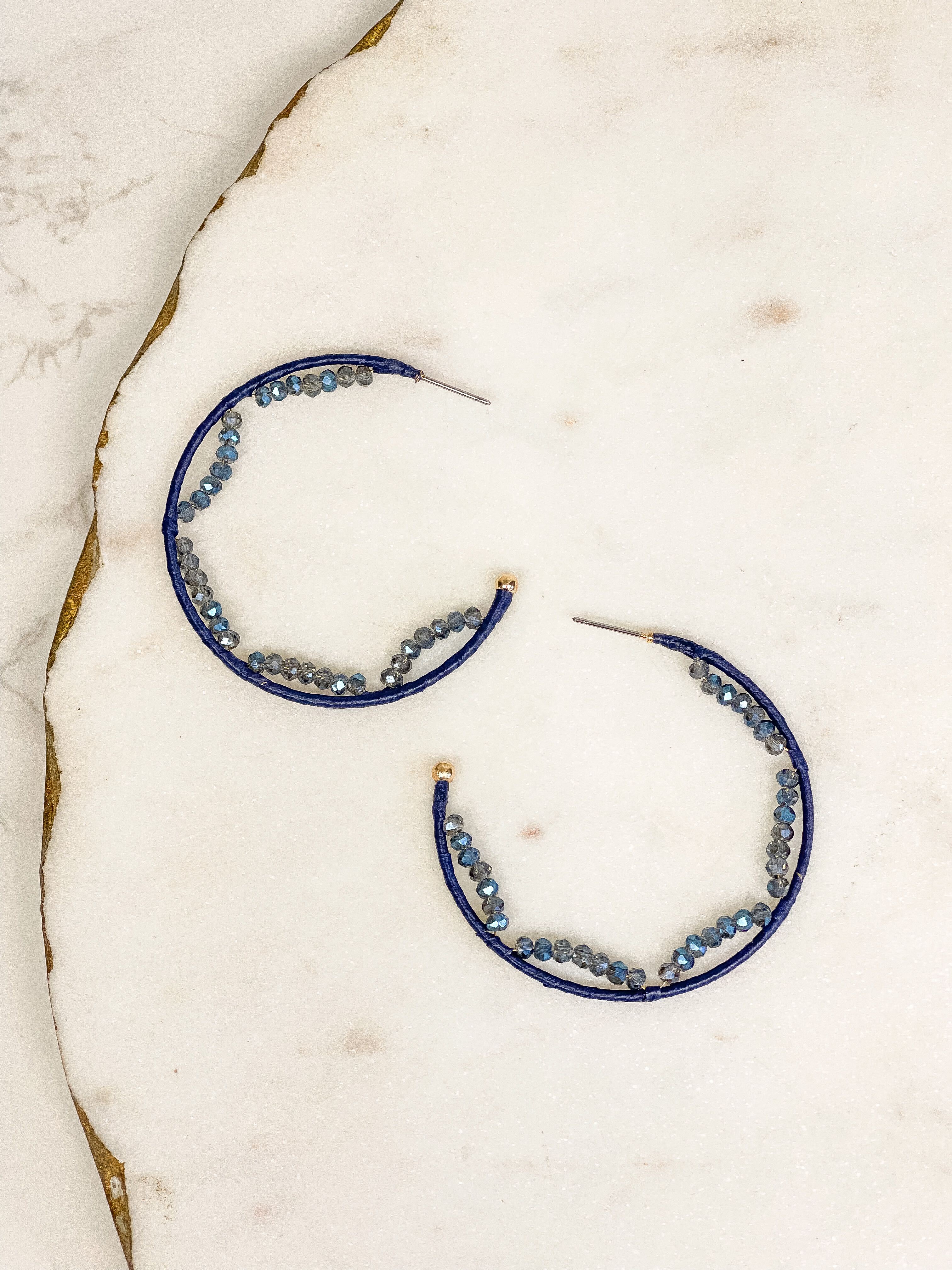 Crystal Beaded Trimmed Hoop Earrings - Navy