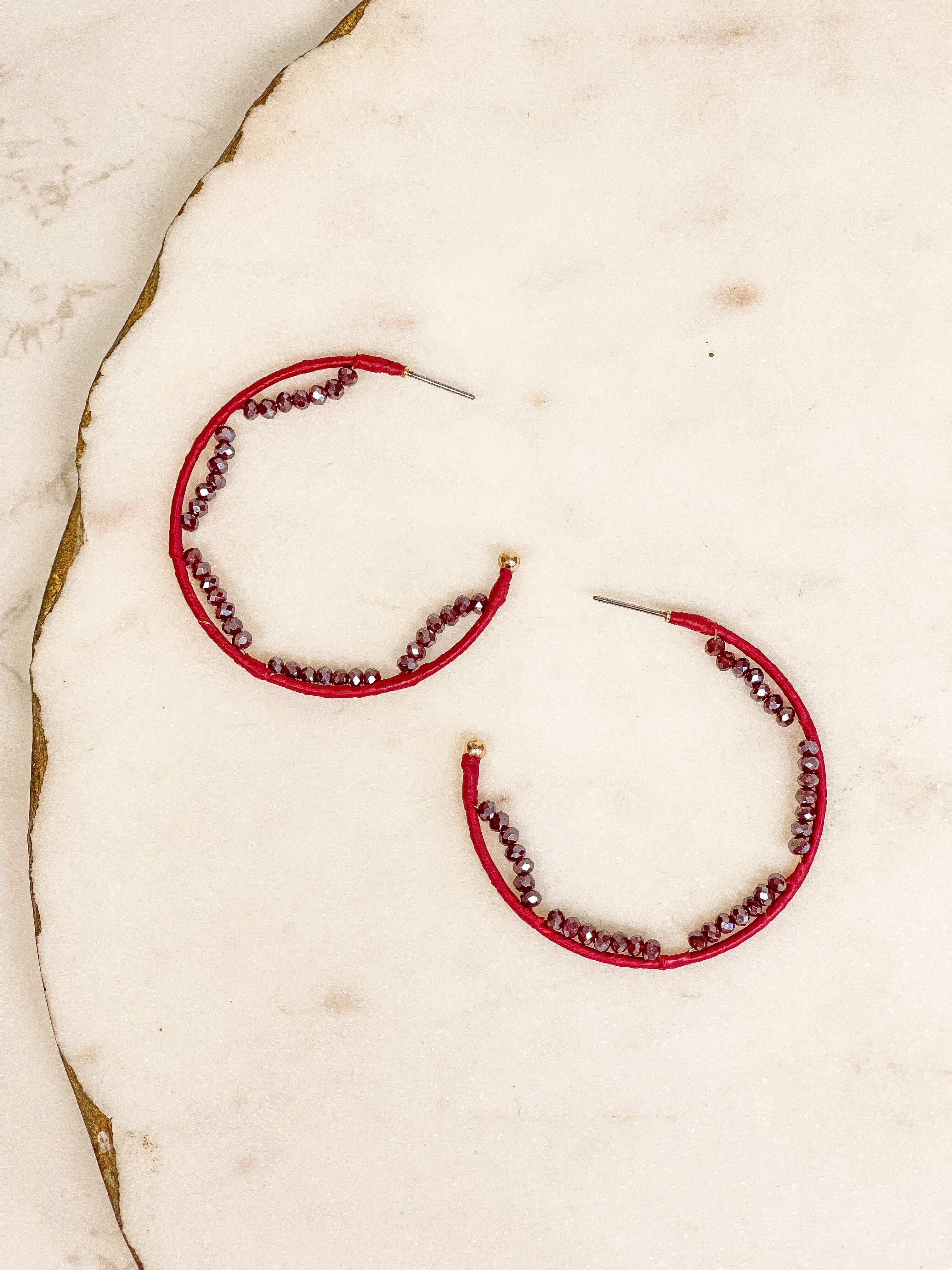 Crystal Beaded Trimmed Hoop Earrings - Burgundy