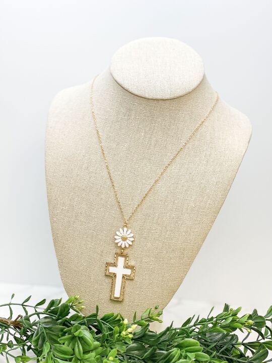 Daisy Cross Pendant Necklace - White