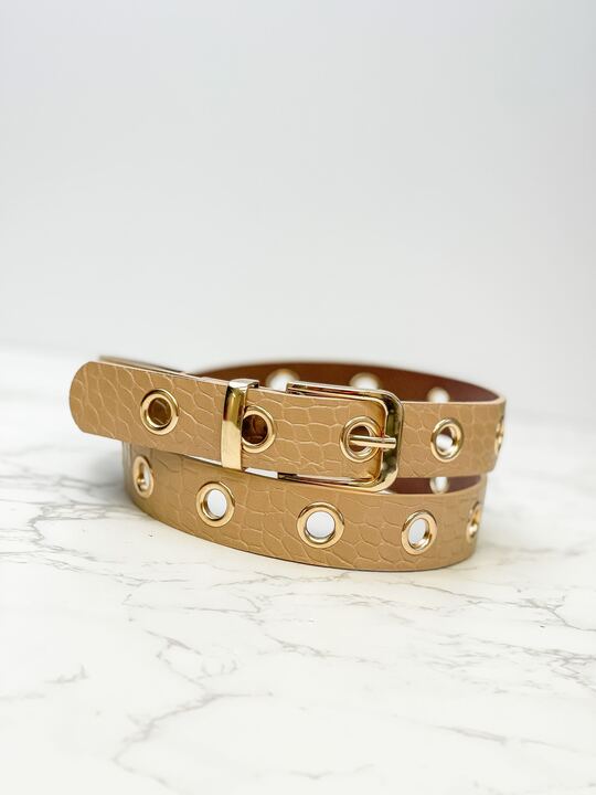 Embossed Gold Grommet Belt - Beige