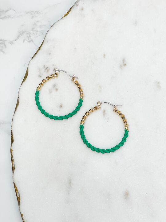 Enamel Gold Twist Hoop Earrings - Green