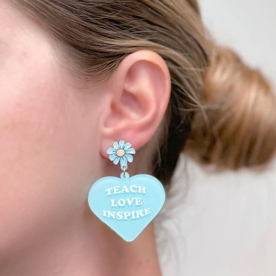 'Teach Love Inspire' Heart Dangle Earrings - Blue