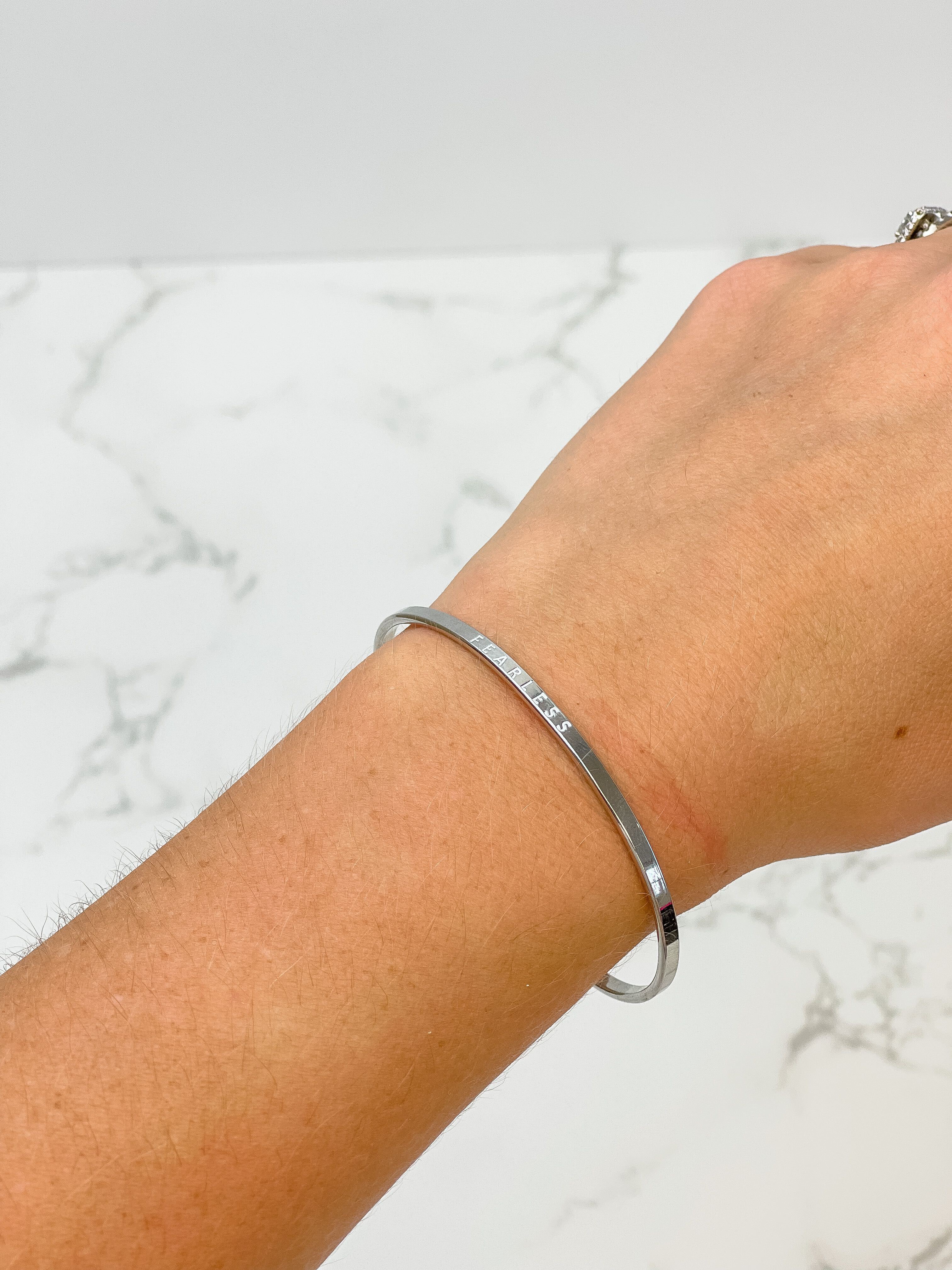 'Fearless' Silver Sentiment Bracelet - White