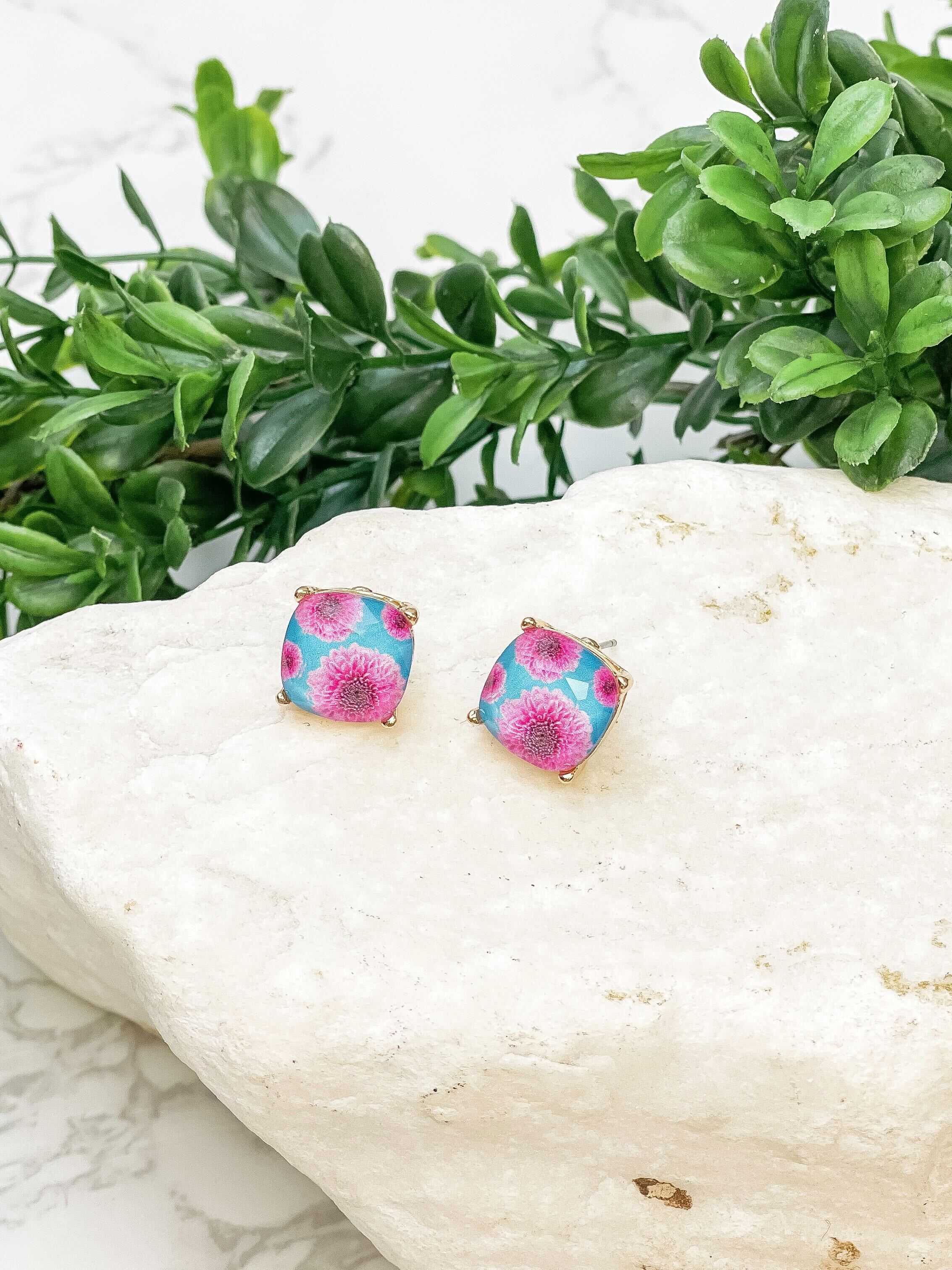 Dahlia Flower Print Crystal Stud Earrings - Teal