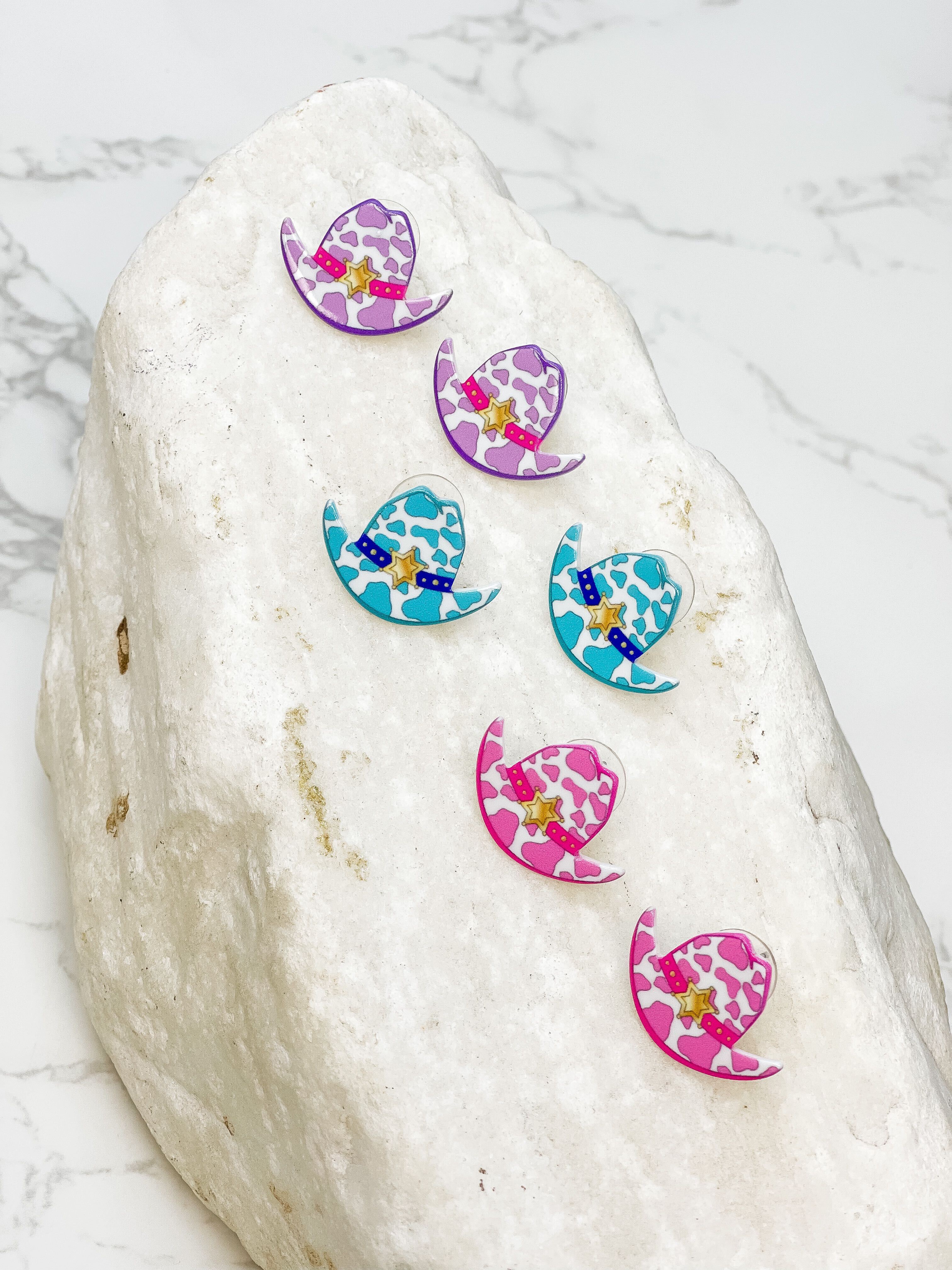 Cow Print Cowboy Hat Stud Earrings - Purple