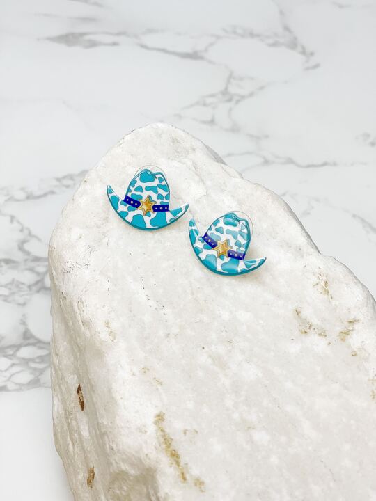 Cow Print Cowboy Hat Stud Earrings - Blue