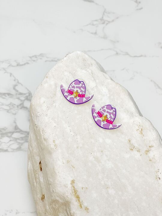 Cow Print Cowboy Hat Stud Earrings - Purple