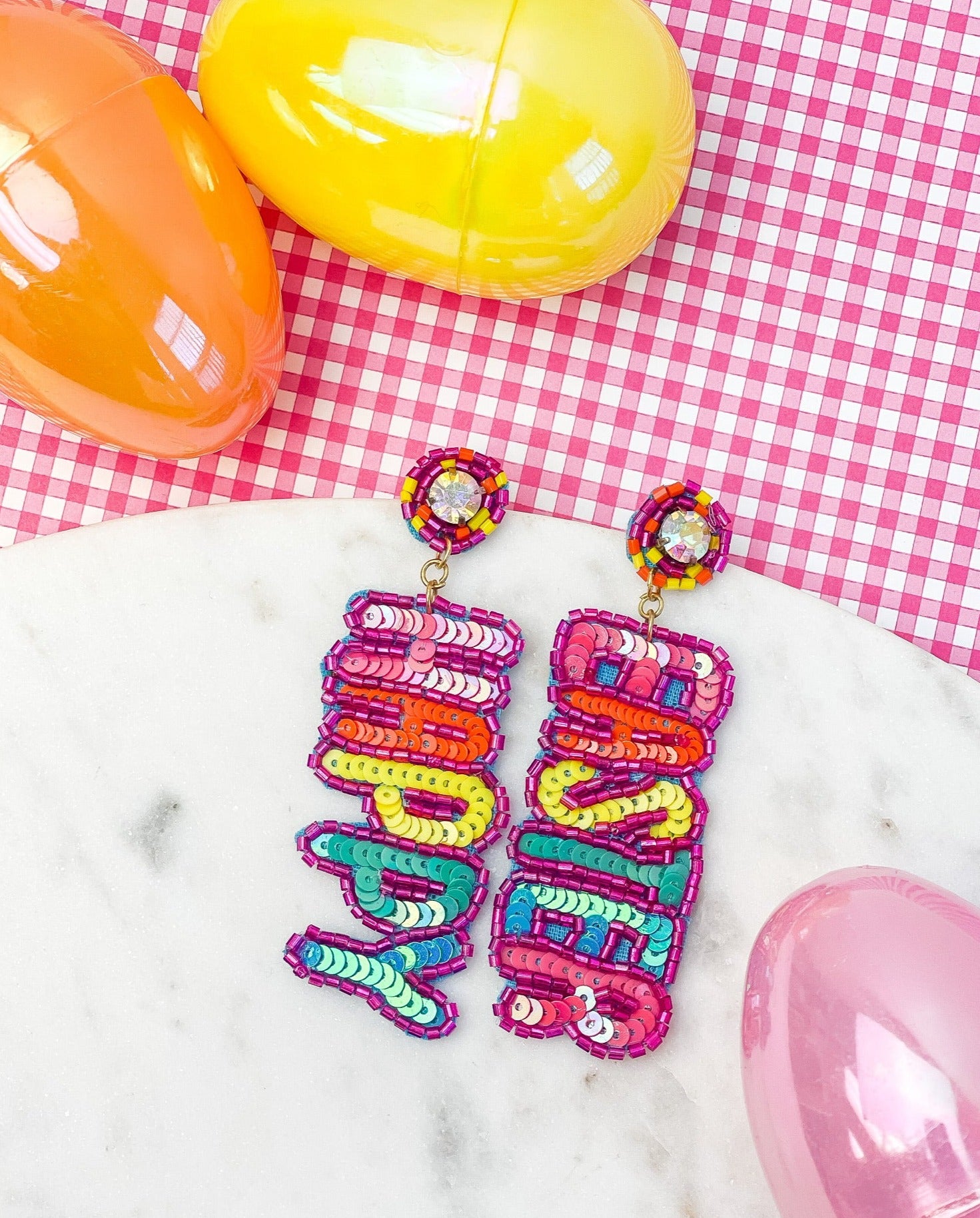 'Happy Easter' Sequin Dangle Earrings