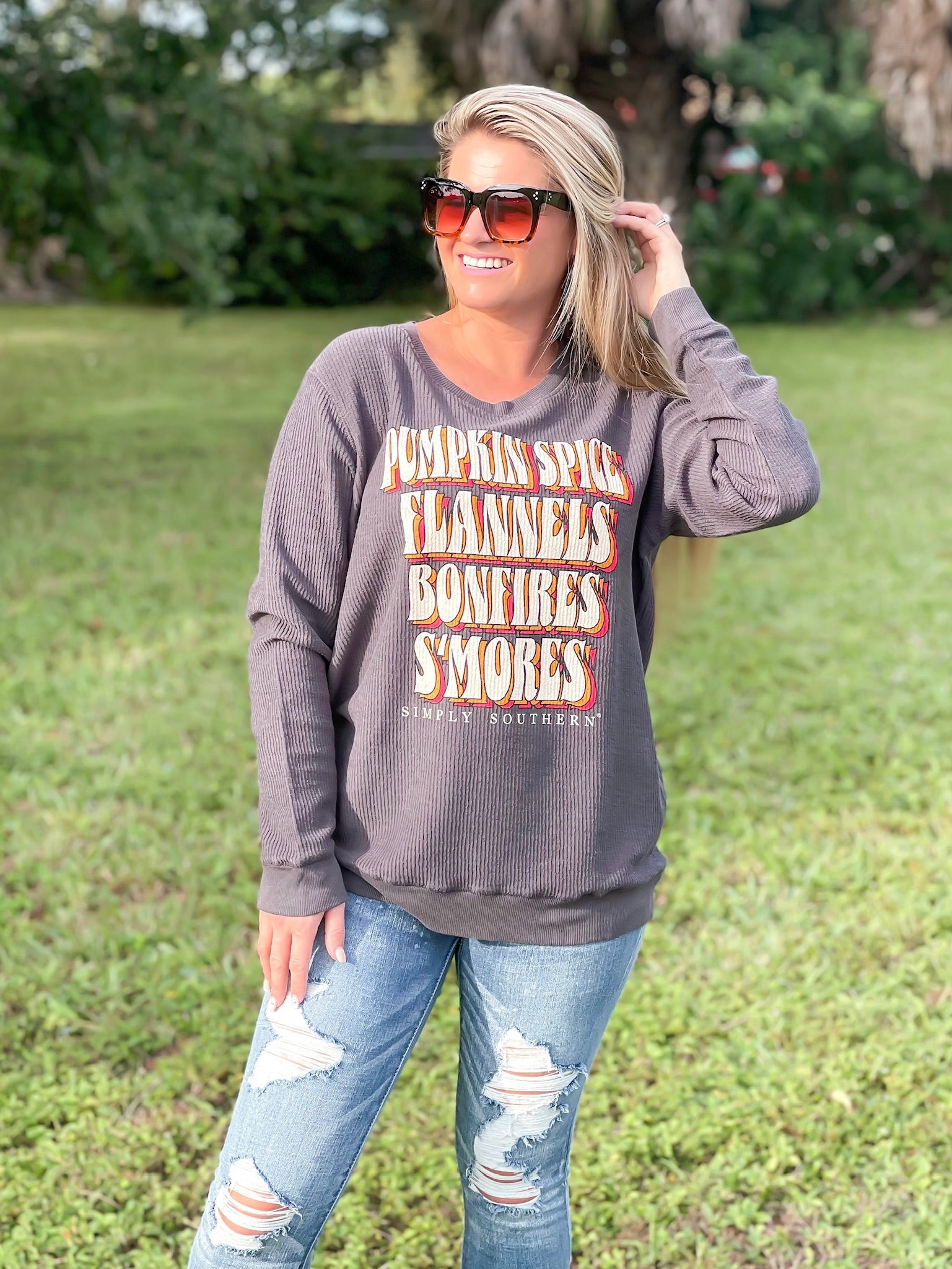 'Pumpkin Spice, Flannels, Bonfires, S'mores' Pullover by Simply Southern