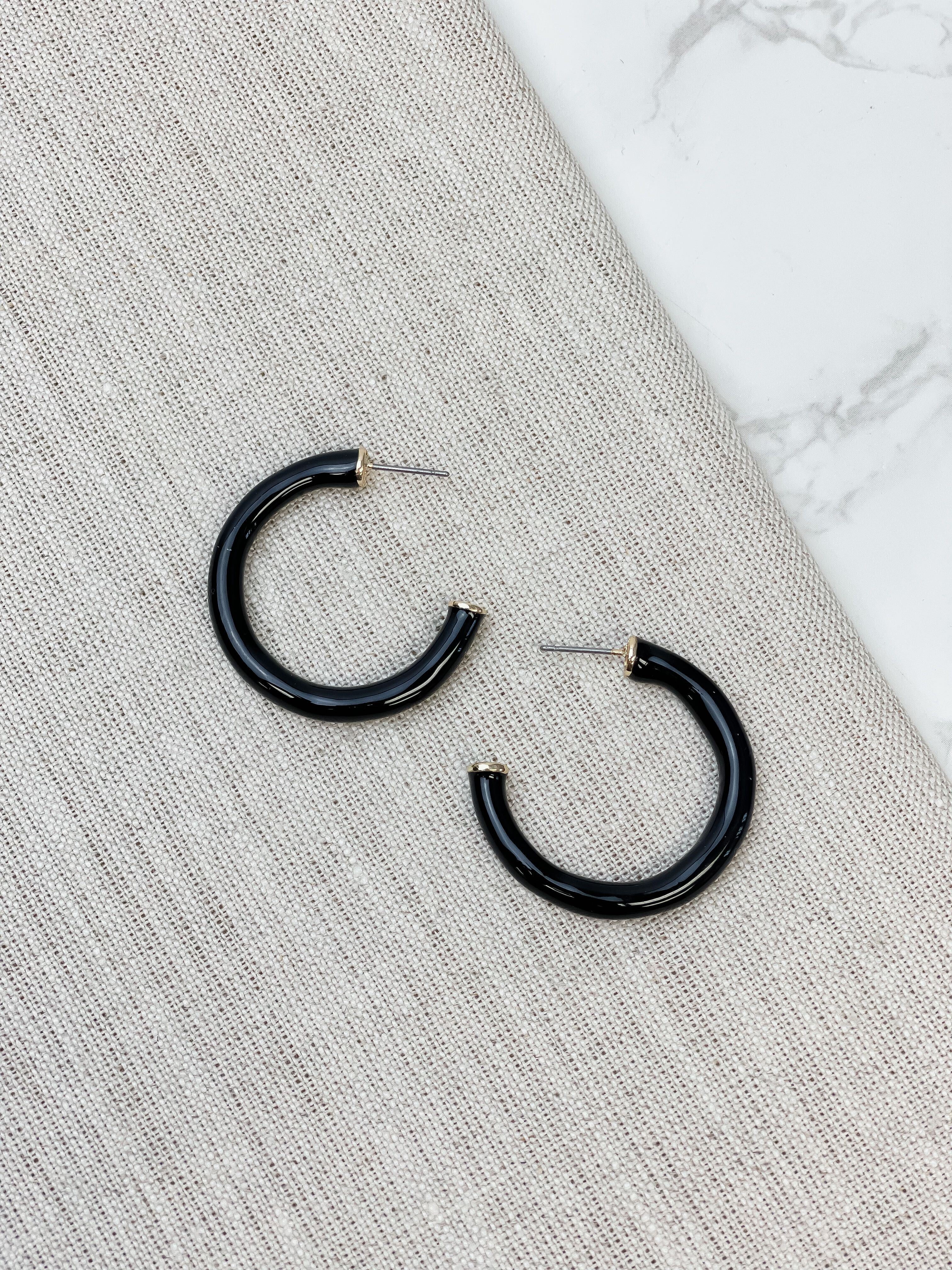 Color Pop Enamel Hoop Earrings - Black