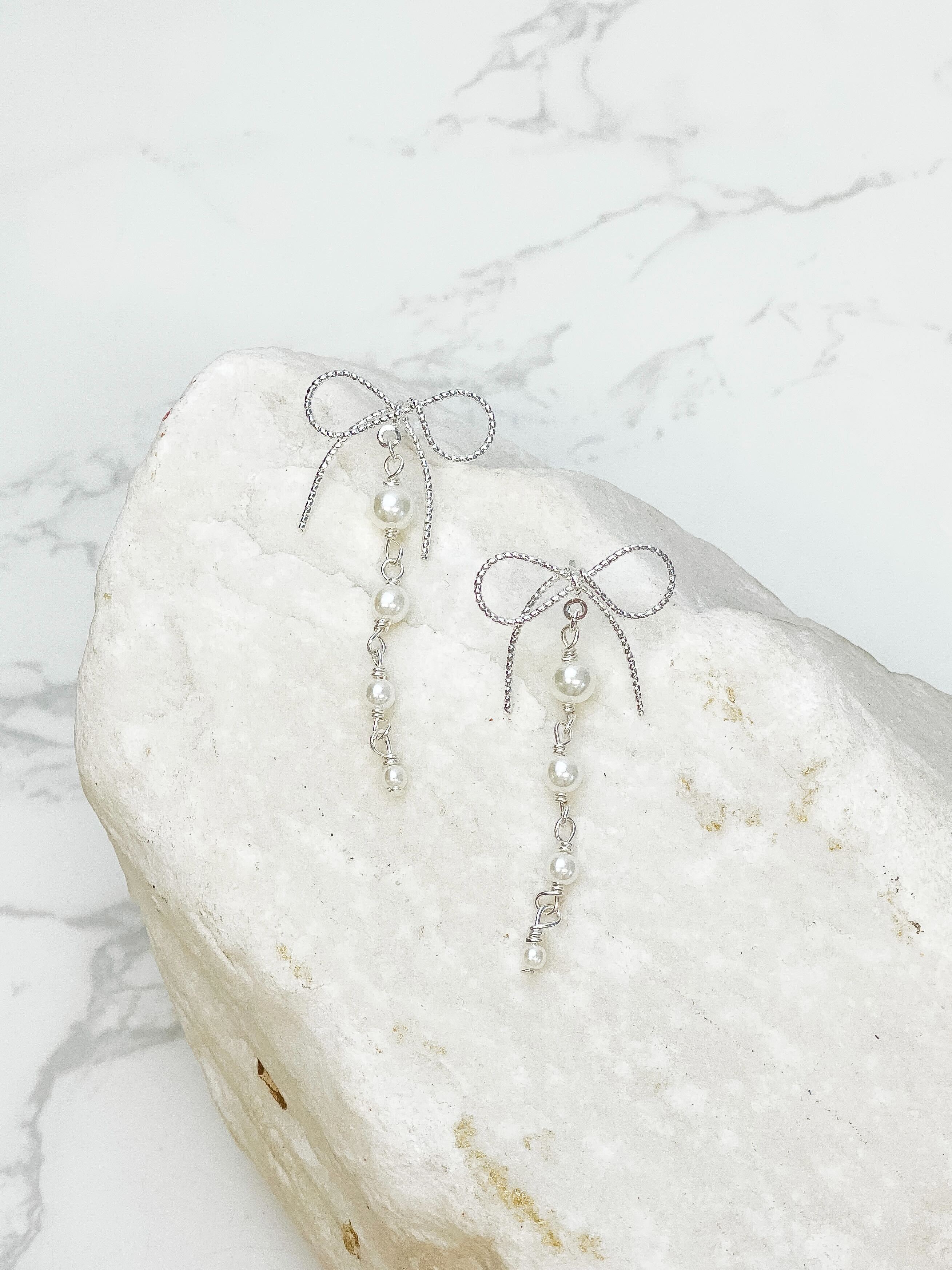 Dainty Bow & Pearl Chain Dangle Earrings - Silver