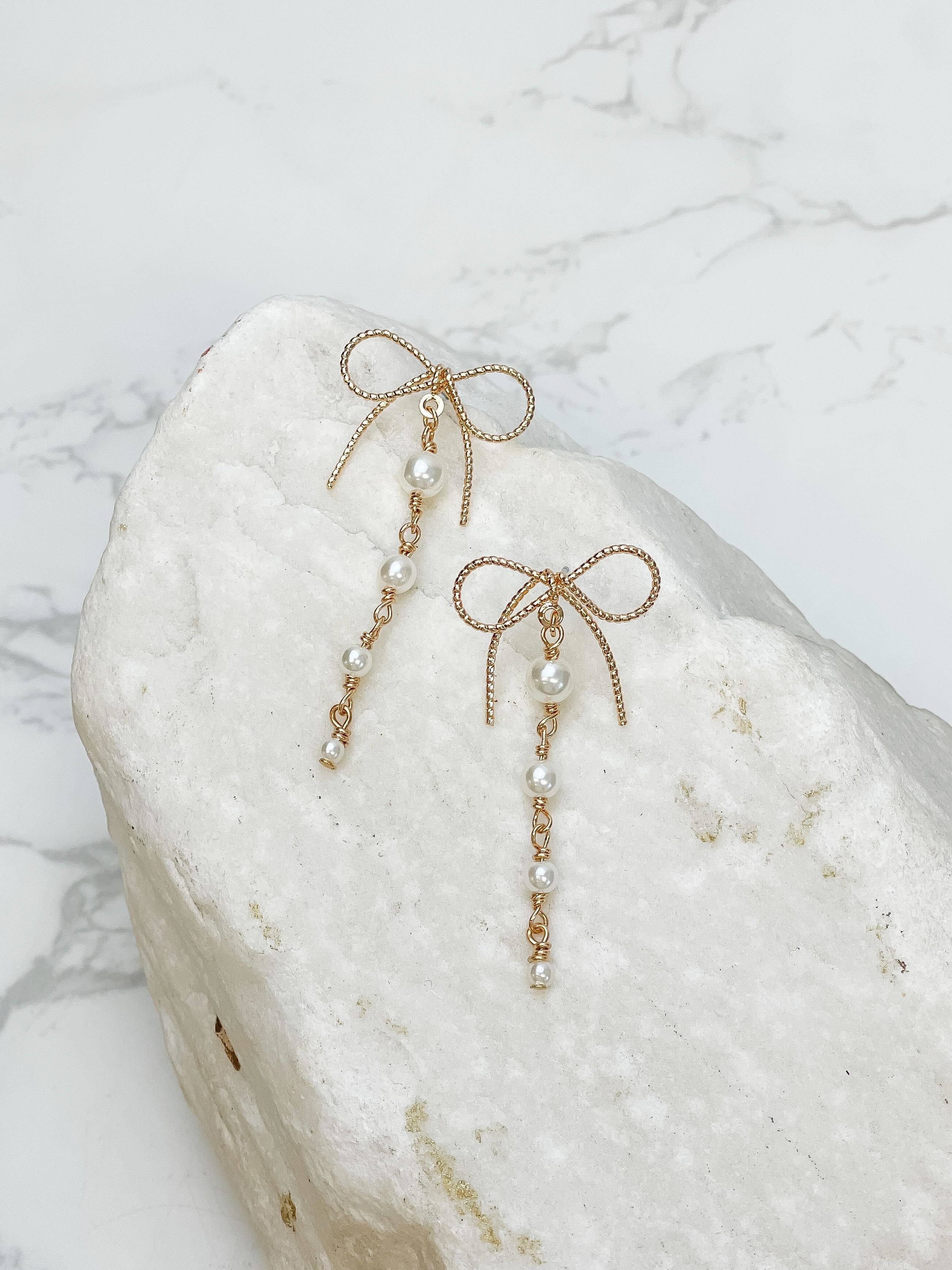 Dainty Bow & Pearl Chain Dangle Earrings - Gold