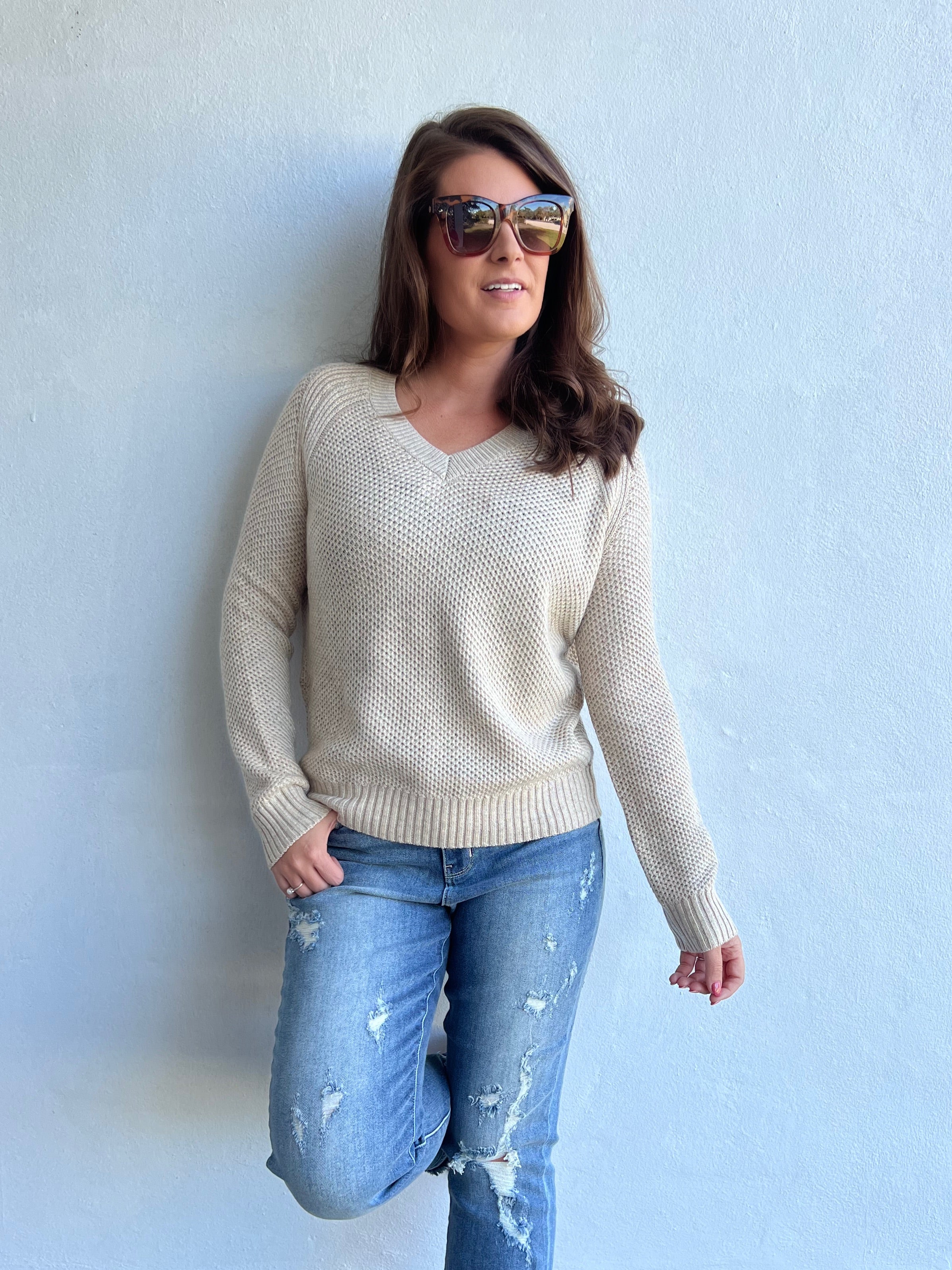 Chai Latte V-Neck Sweater in Oatmeal