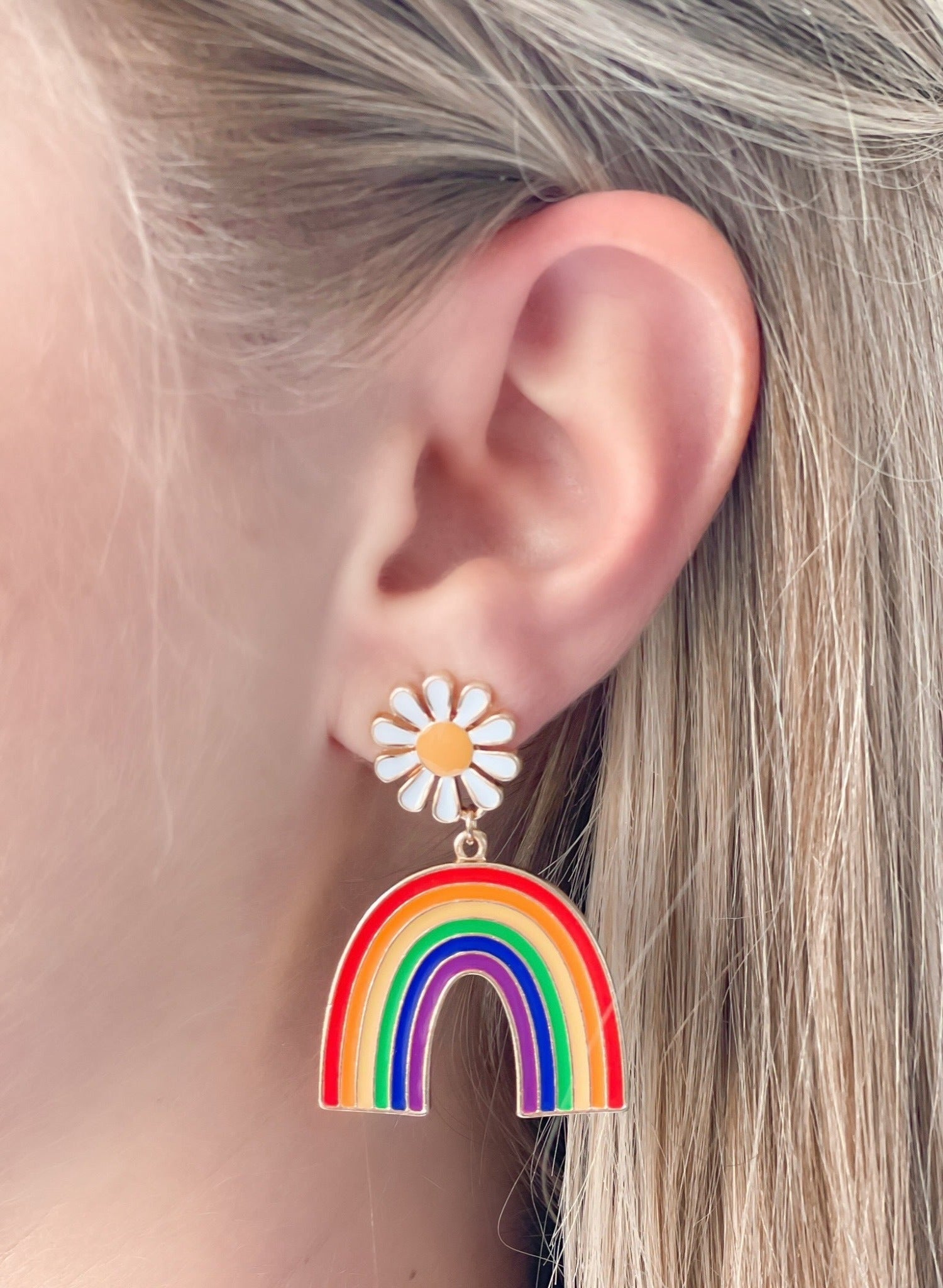 Enamel Daisy Rainbow Dangle Earrings