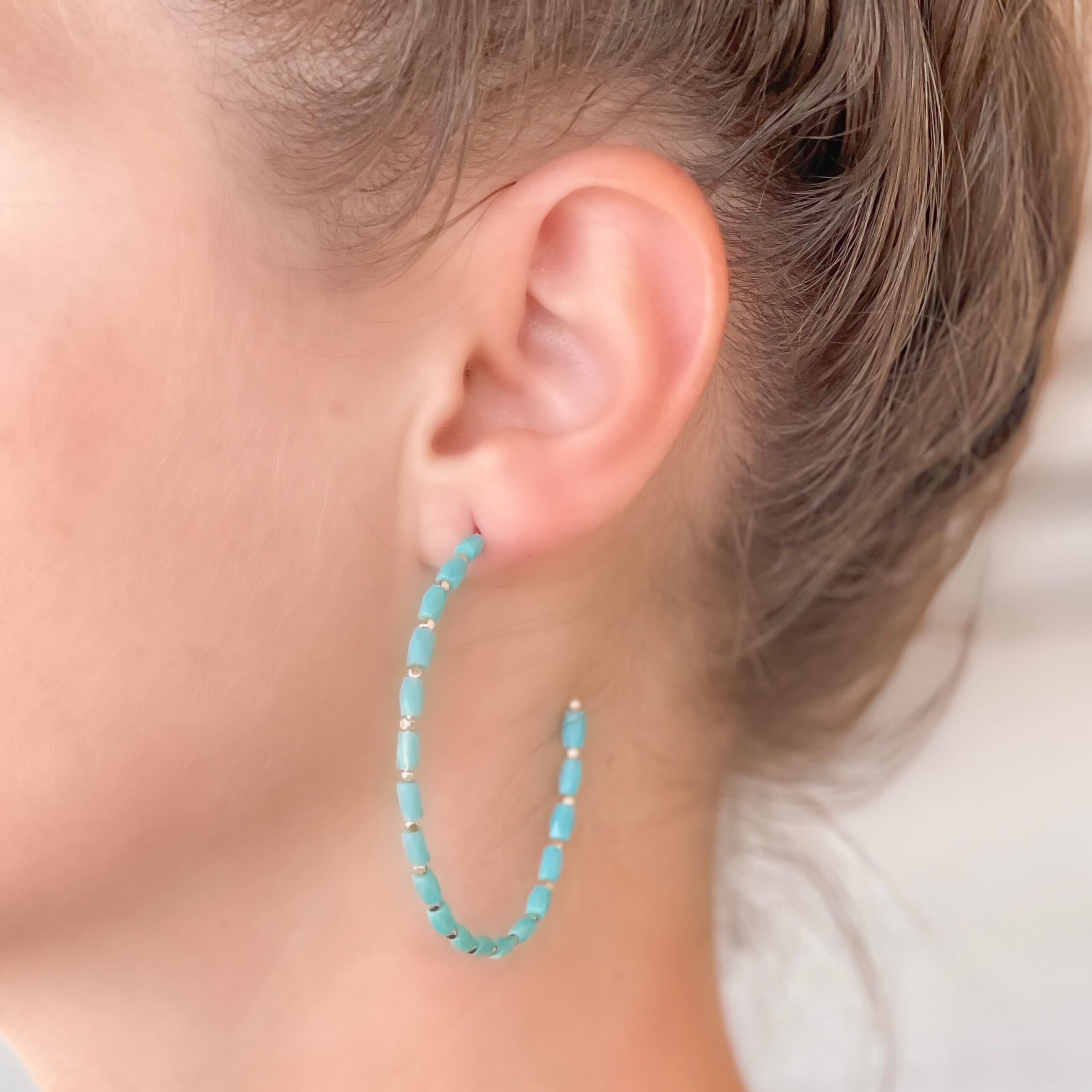 Beaded Gold Skinny Open Hoop Earrings - Aqua