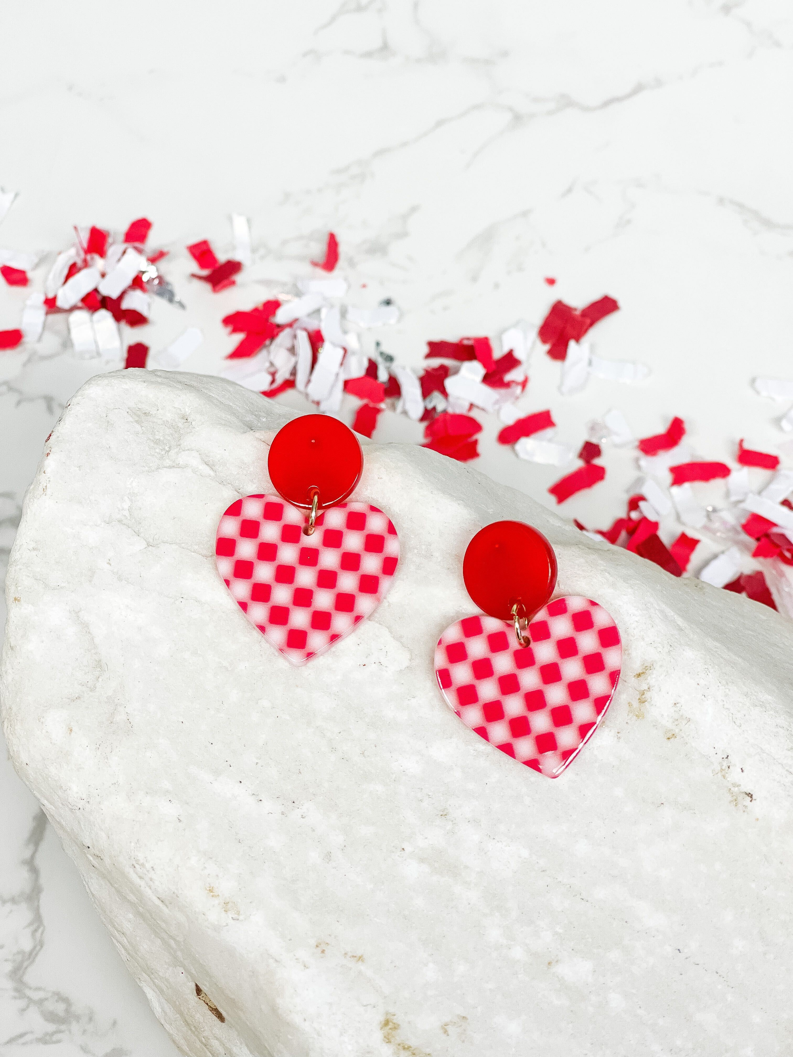 Acrylic Red Checkered Heart Dangle Earrings