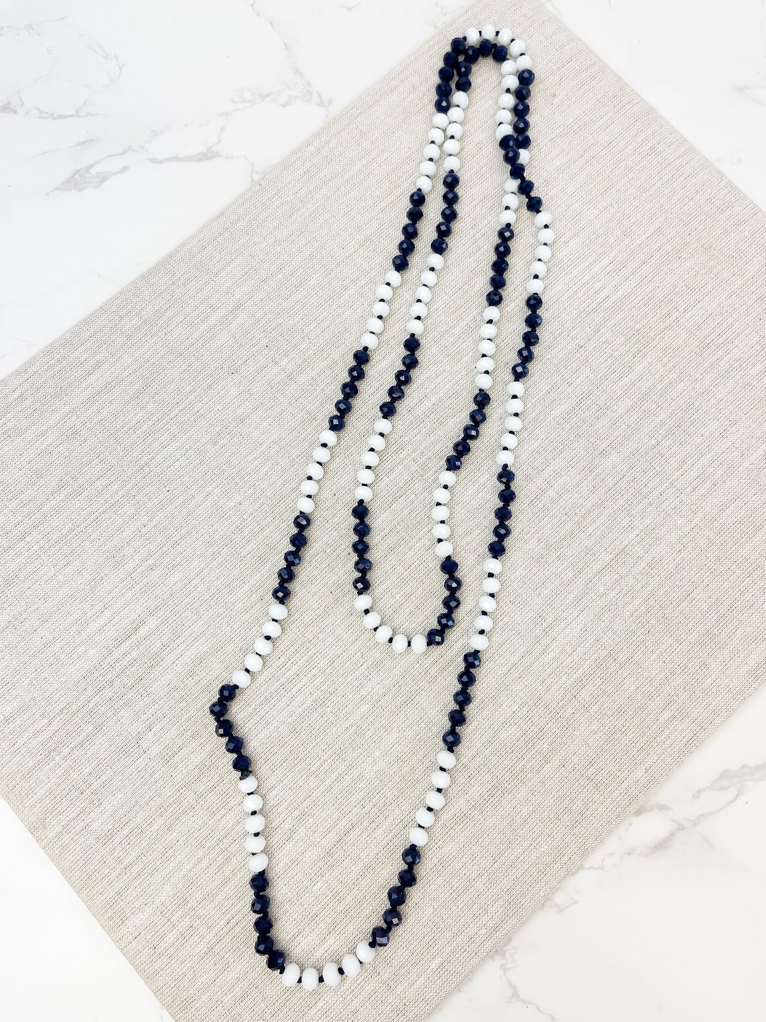 Endless Beaded Long Necklace - Navy Blue & White