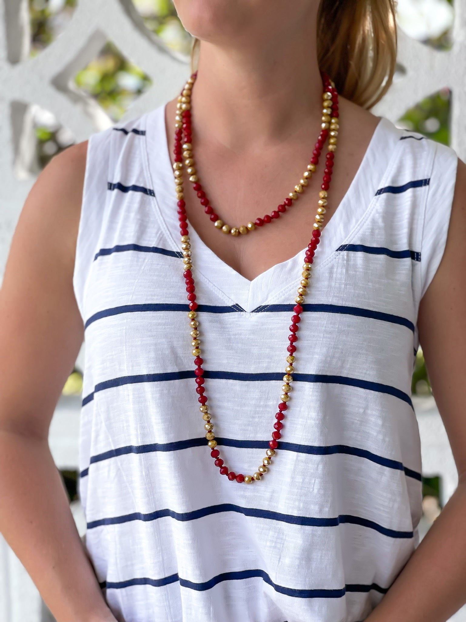 Endless Beaded Long Necklace - Garnet & Gold