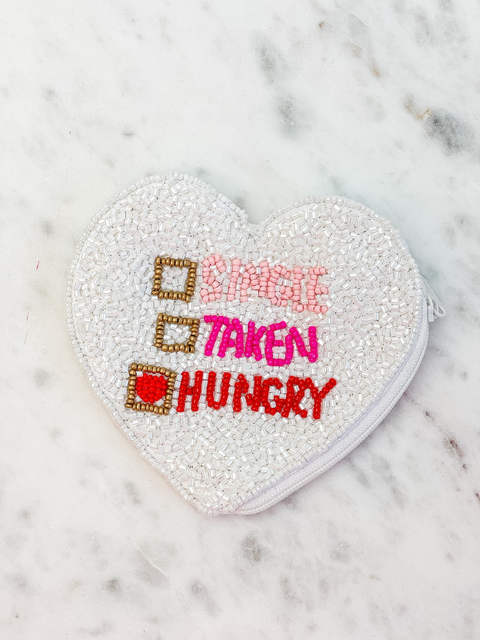 'Single, Taken, Hungry' Beaded Zip Pouch