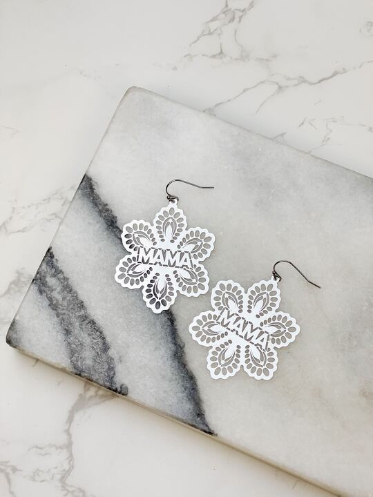 'Mama' Filigree Flower Dangle Earrings - Silver