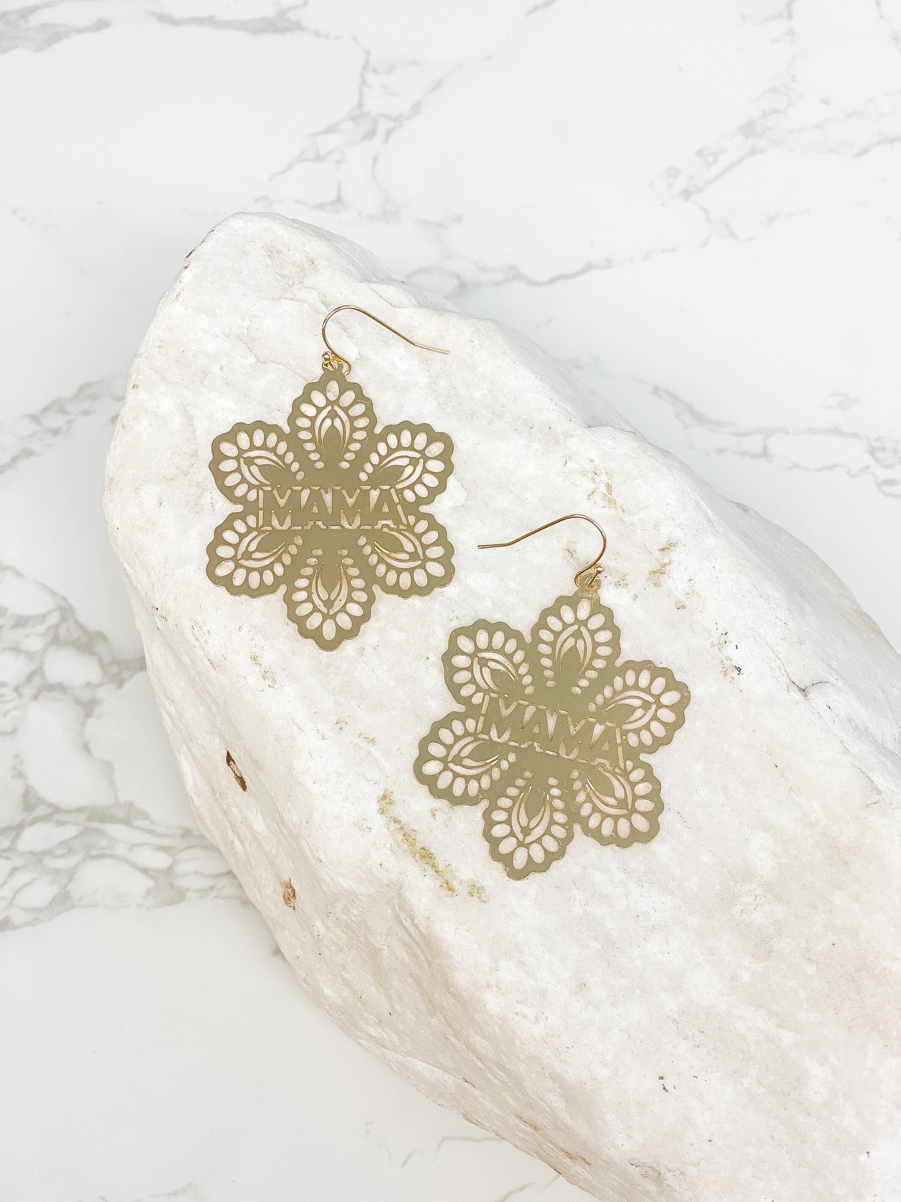 'Mama' Filigree Flower Dangle Earrings - Gold