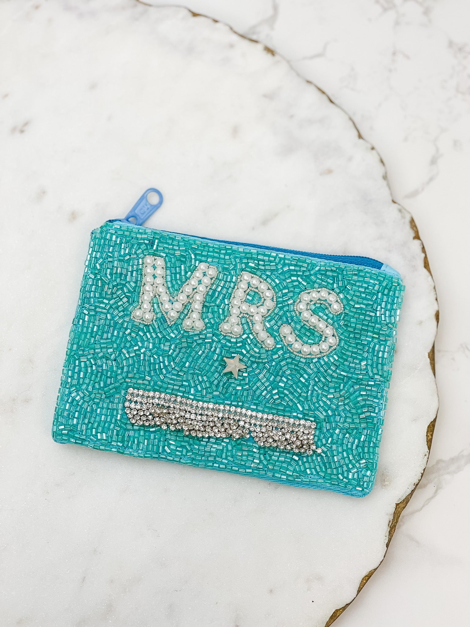 'Mrs' Glitzy Fringe Beaded Zip Pouch - Turquoise