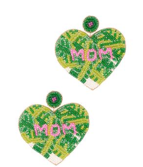 'Mom' Preppy Palm Seed Bead Heart Dangle Earrings