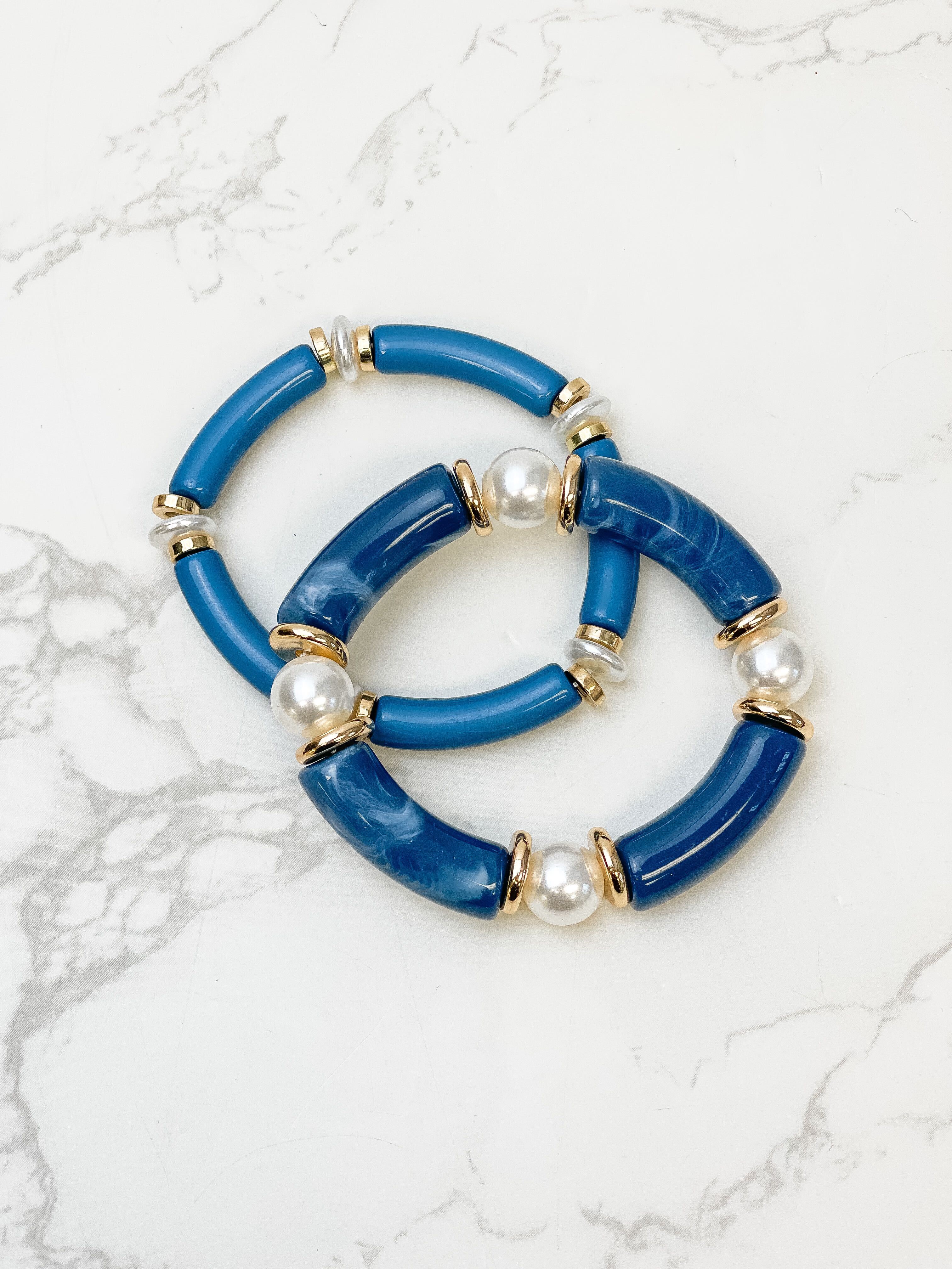 Acrylic Pearl Tube Bracelet Set - Blue