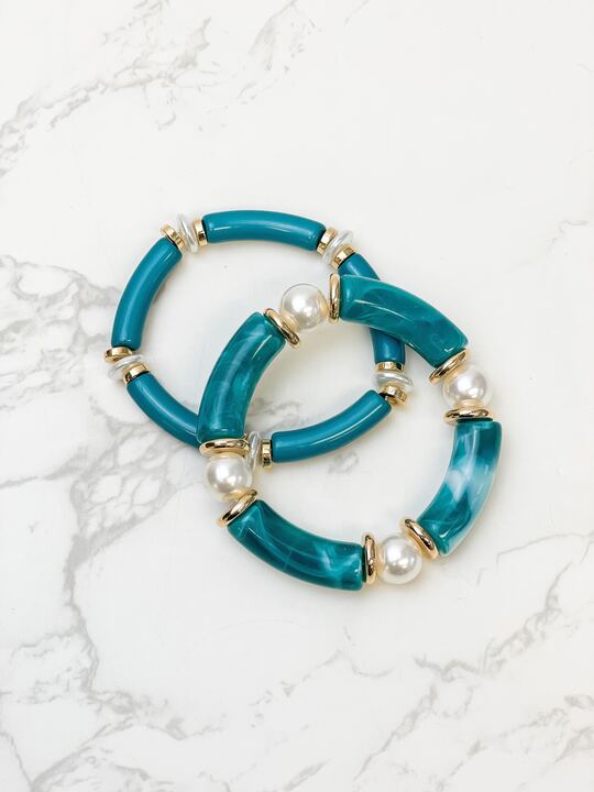 Acrylic Pearl Tube Bracelet Set - Teal