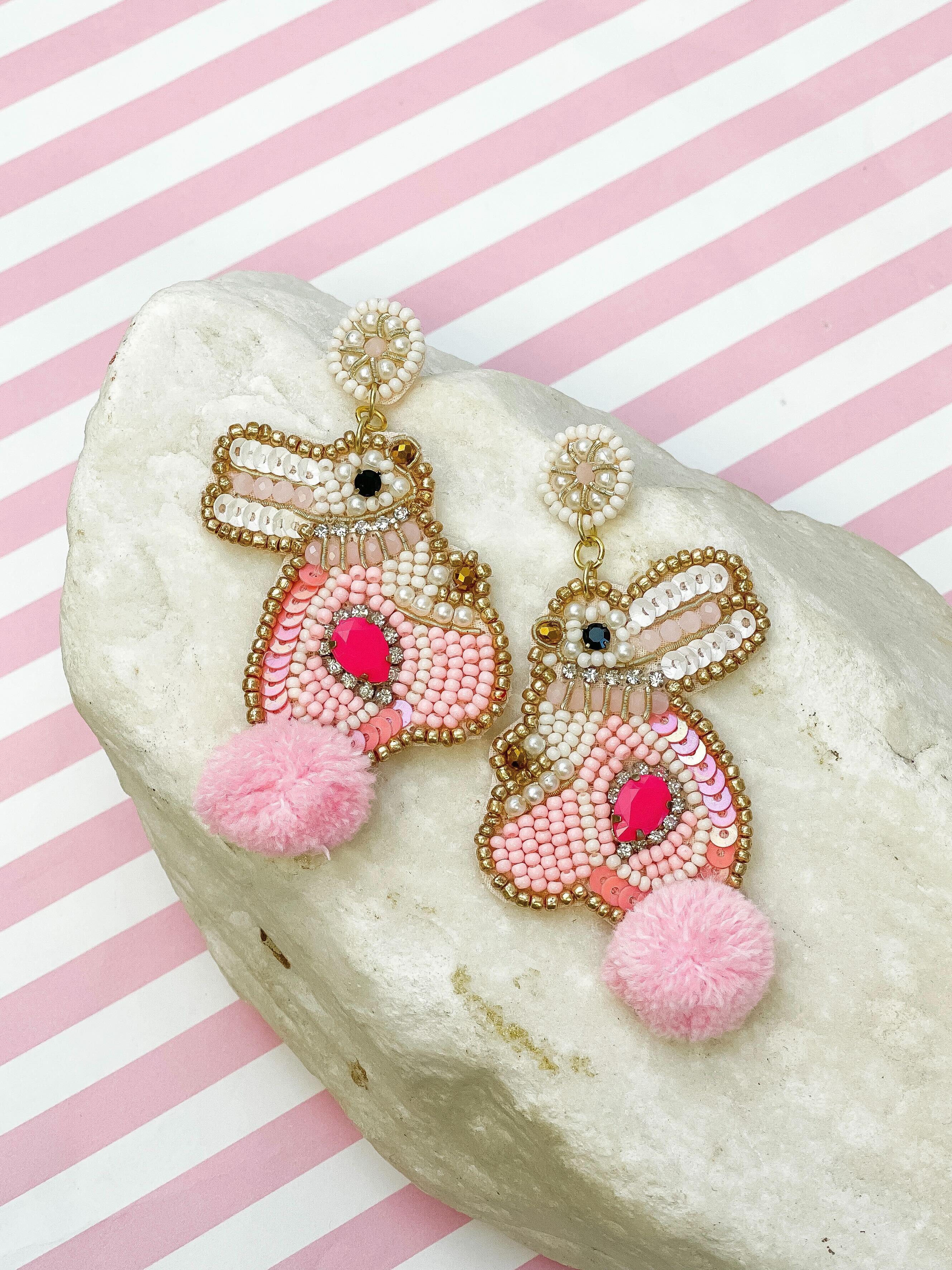 Bunny Seed Bead Dangle Earrings - Pink