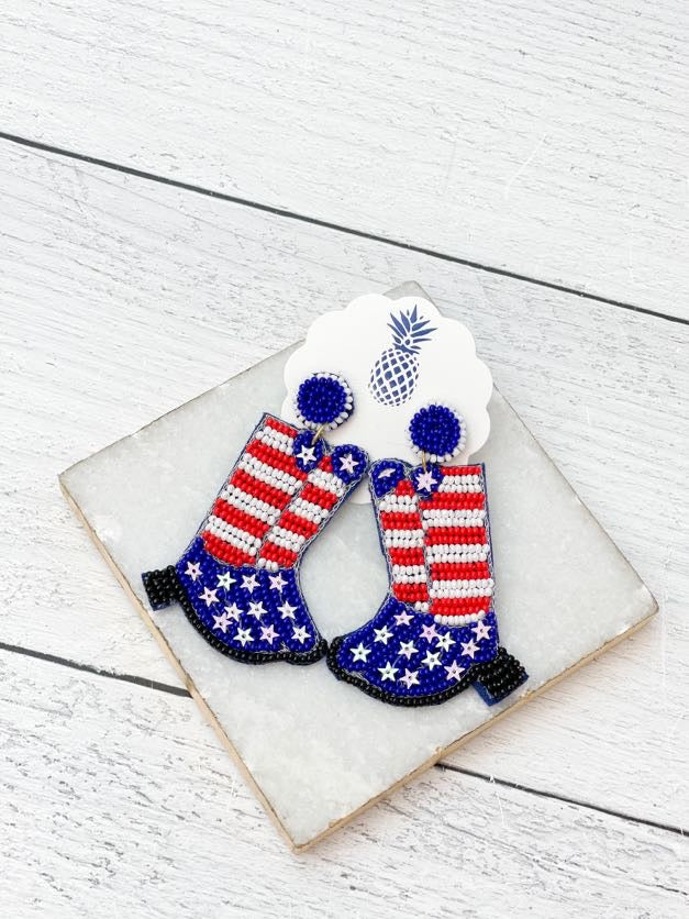 Beaded Rodeo Boot Dangles - Red, White, & Blue