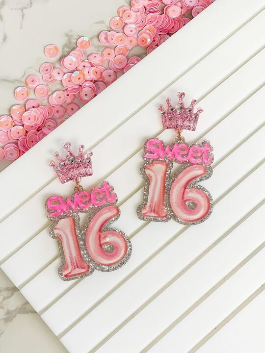 'Sweet 16' Birthday Balloon Dangle Earrings - Pink