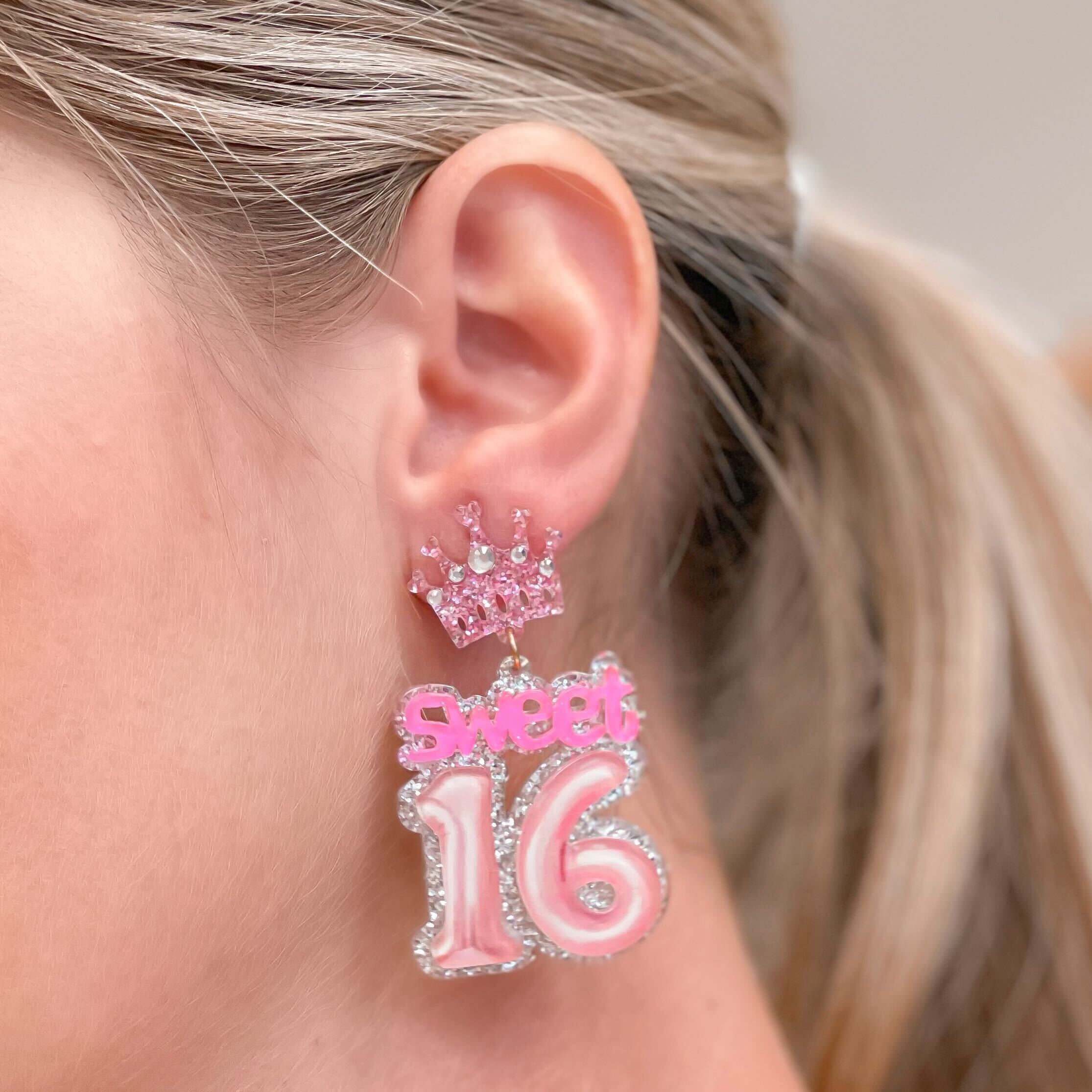 'Sweet 16' Birthday Balloon Dangle Earrings - Pink