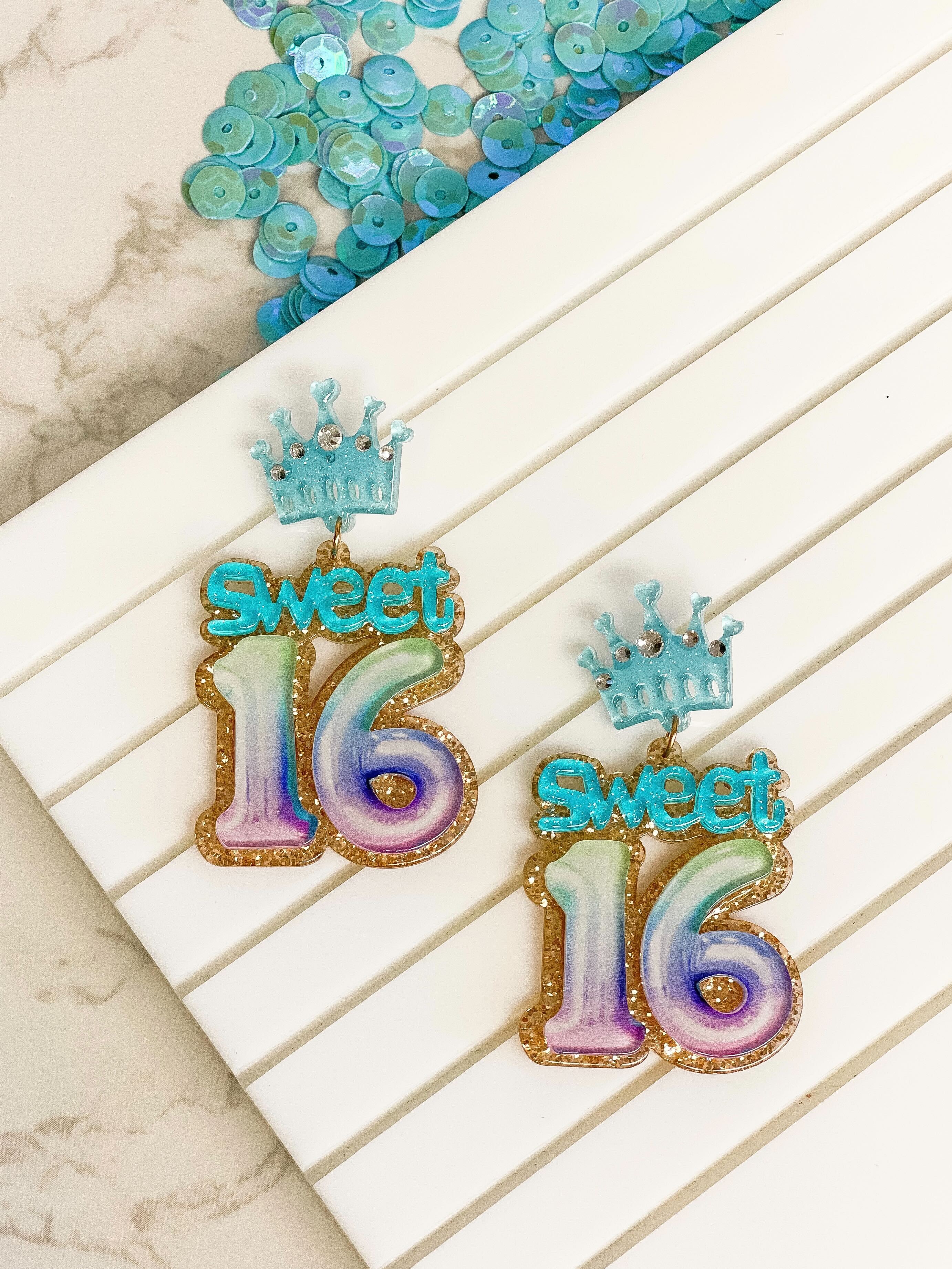 'Sweet 16' Birthday Balloon Dangle Earrings - Blue & Purple