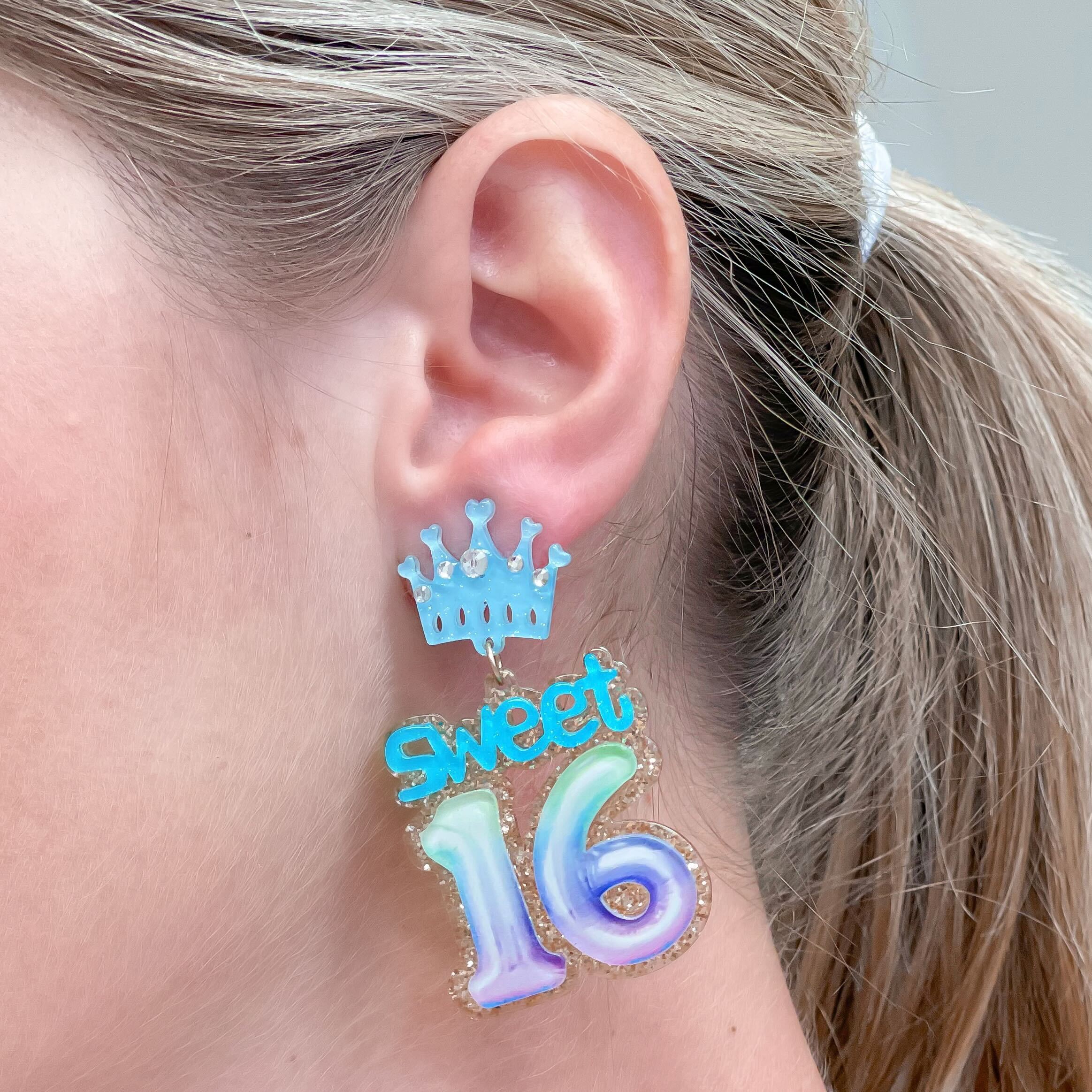 'Sweet 16' Birthday Balloon Dangle Earrings - Blue & Purple