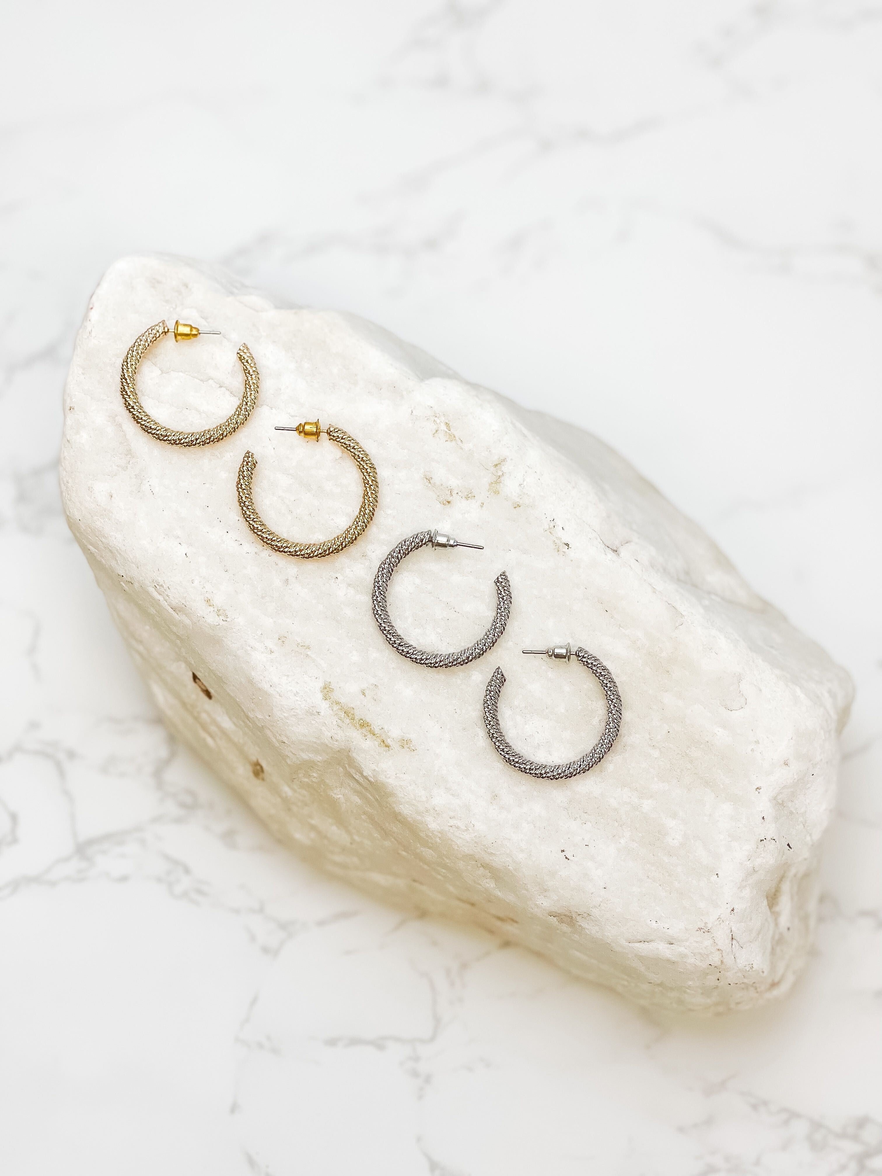 Cable Twisted Hoop Earrings - Silver