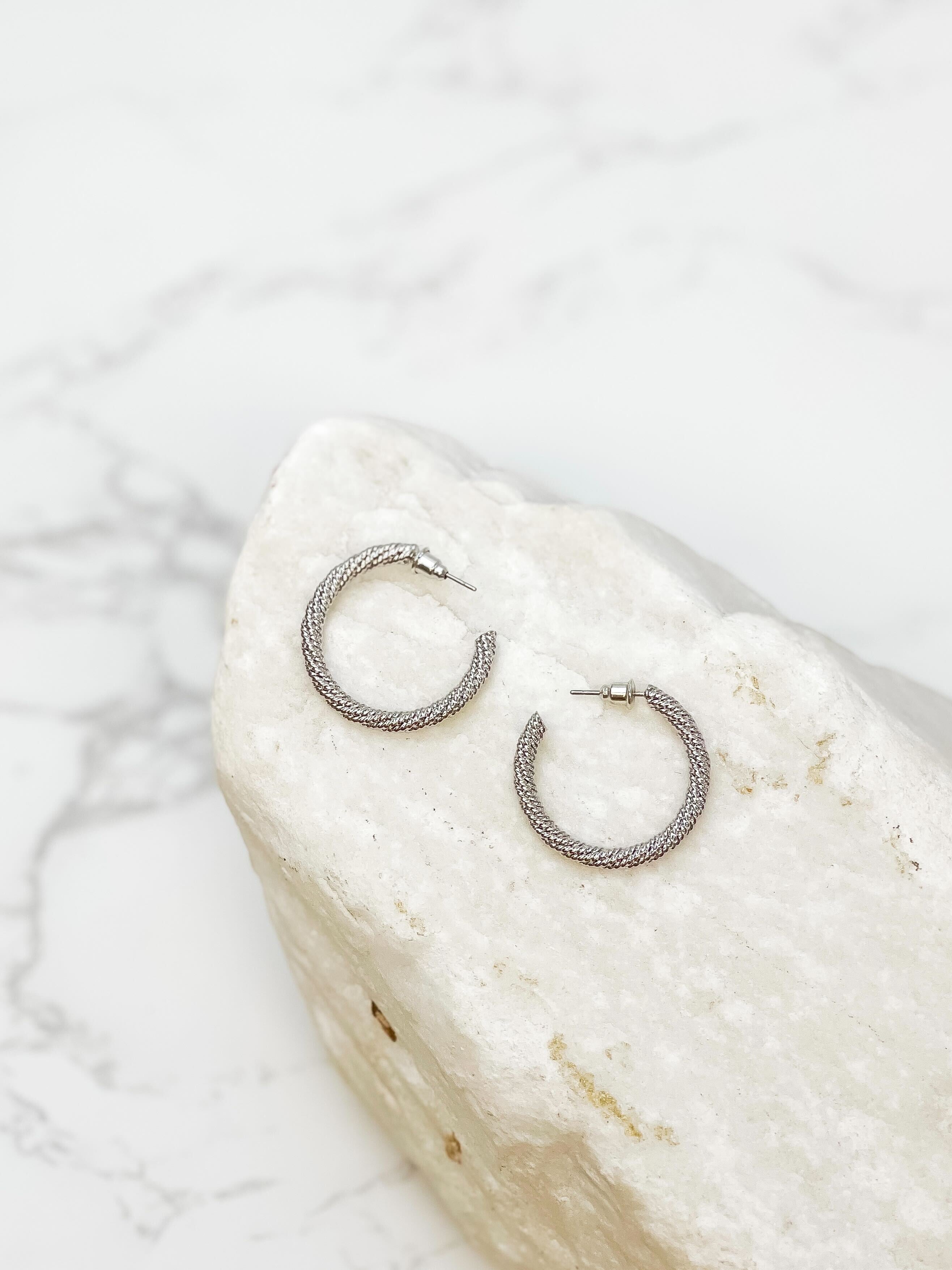 Cable Twisted Hoop Earrings - Silver