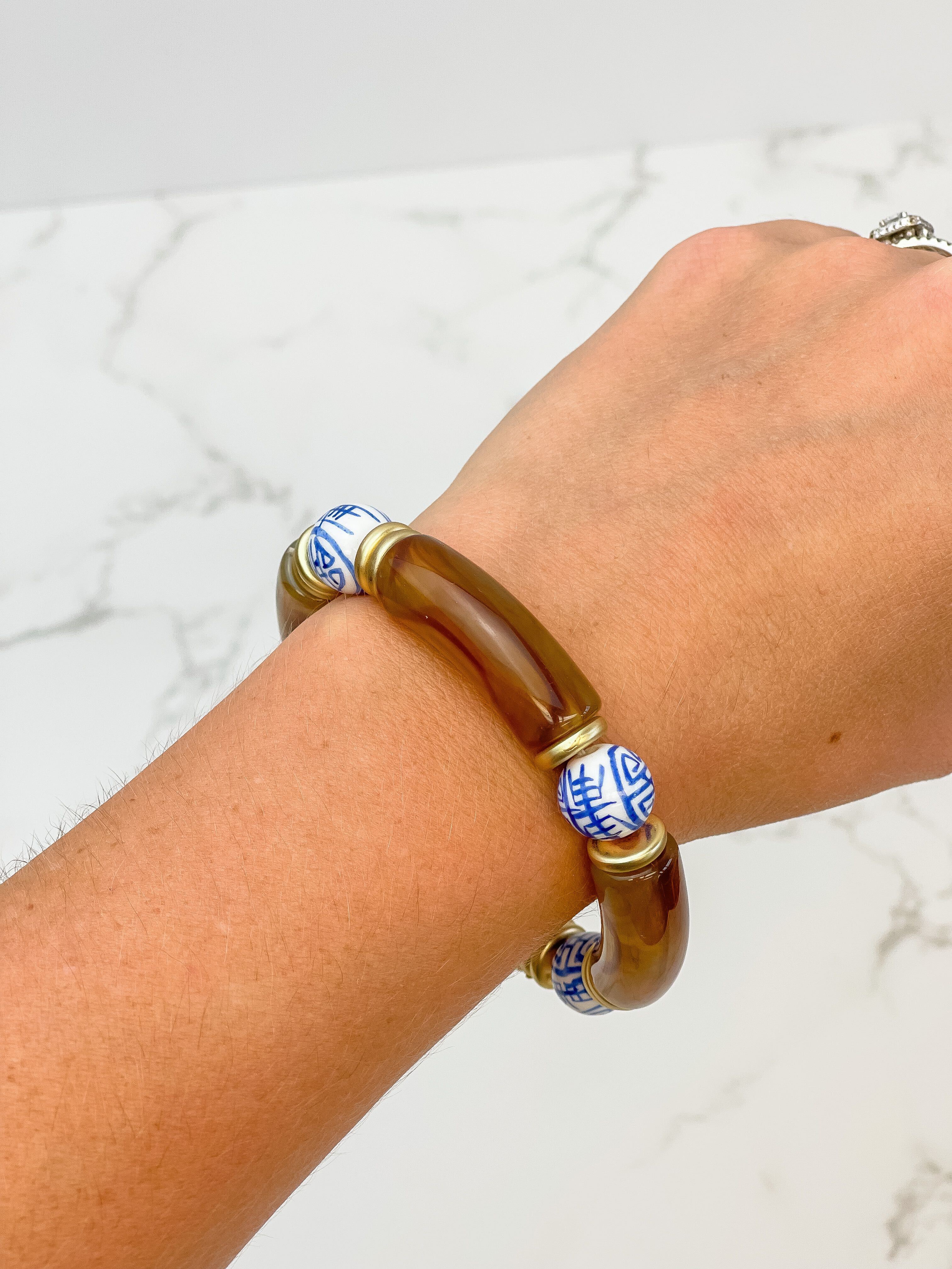 Chinoiserie Acrylic Tube Stretch Bracelet - Tortoise