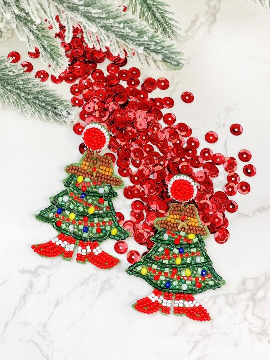 Cowboy Hat Christmas Tree Beaded Dangle Earrings