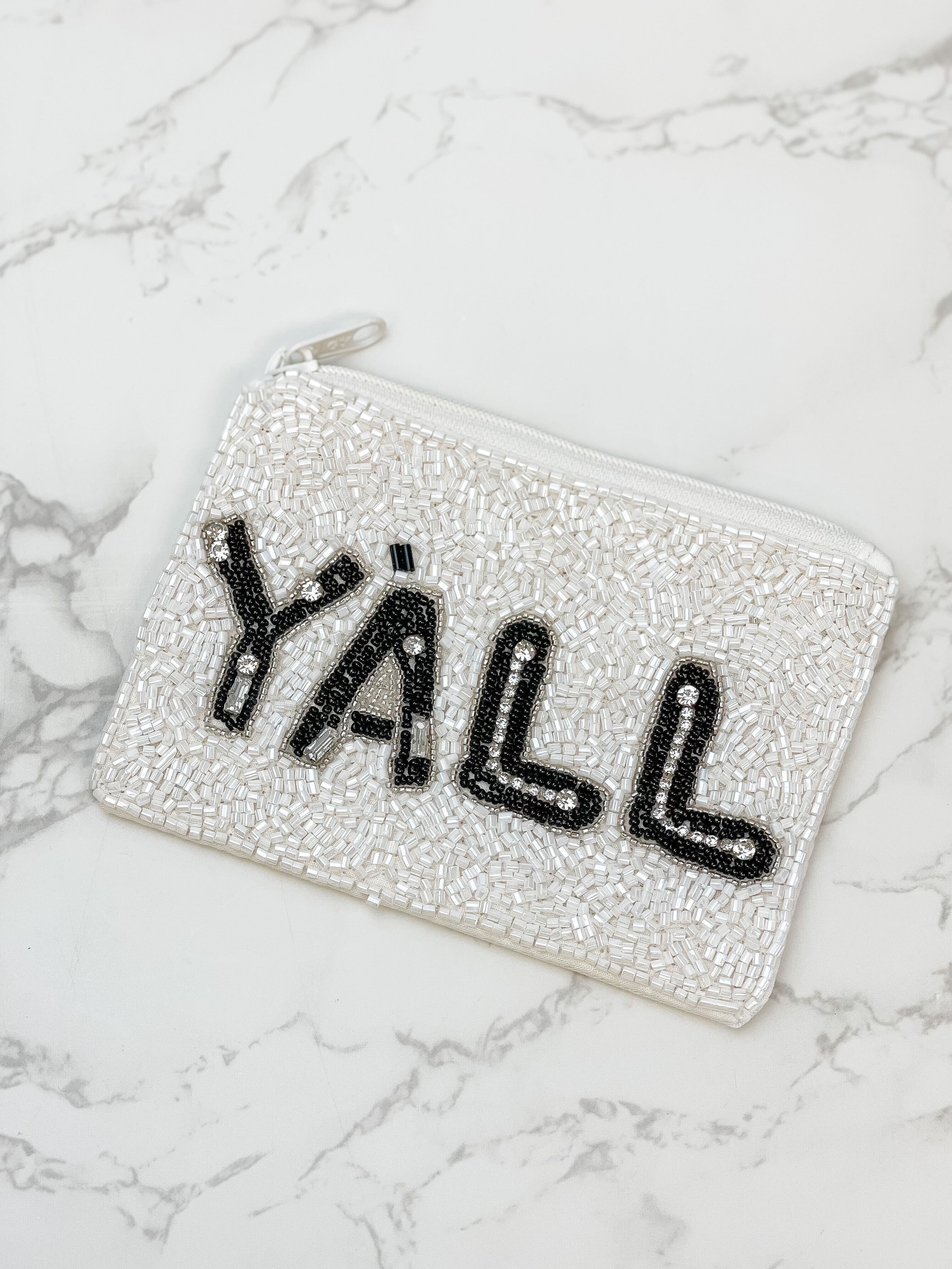 'Yall' Beaded Zip Pouch - White