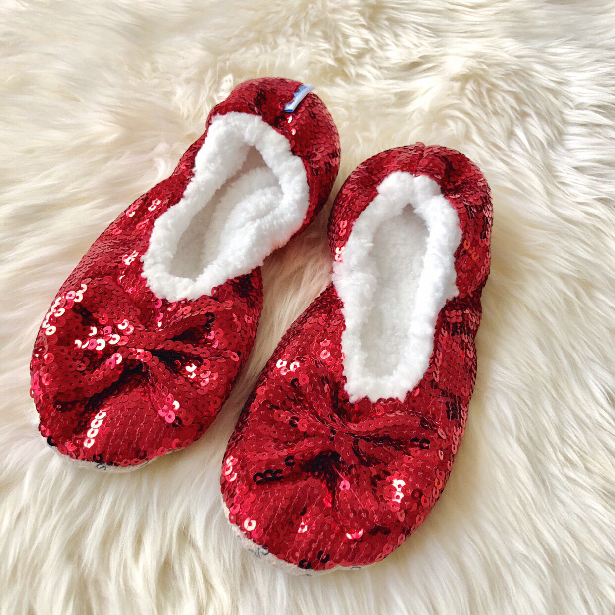 snoozies red sequin slippers