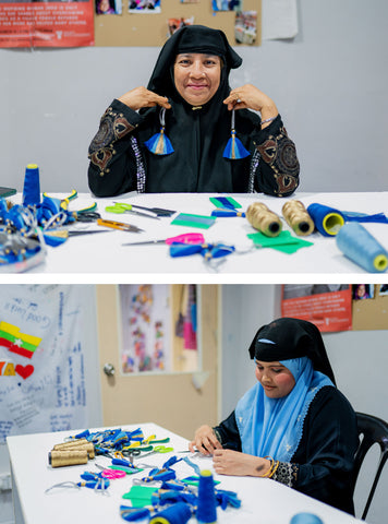 Artisans shown crafting Dancing Tassel ornament.