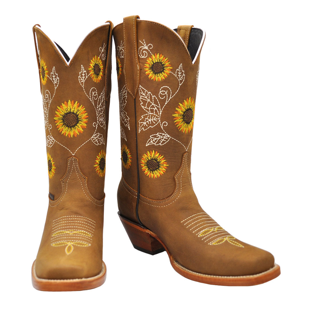 Luma Andrea Botas de mujer con bordado de girasol y punta cuadrada - Gavel  Botas