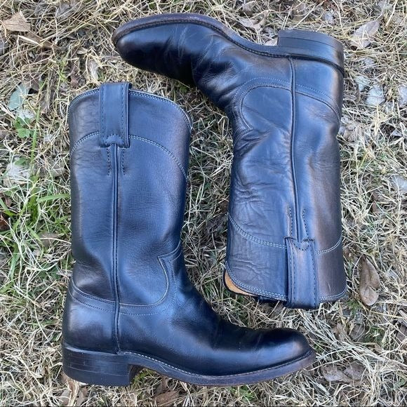 Vintage Justin Black Leather Roper Boots Size 4