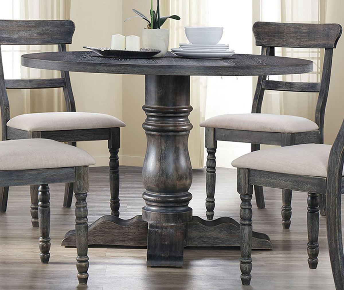 weathered gray round dining table