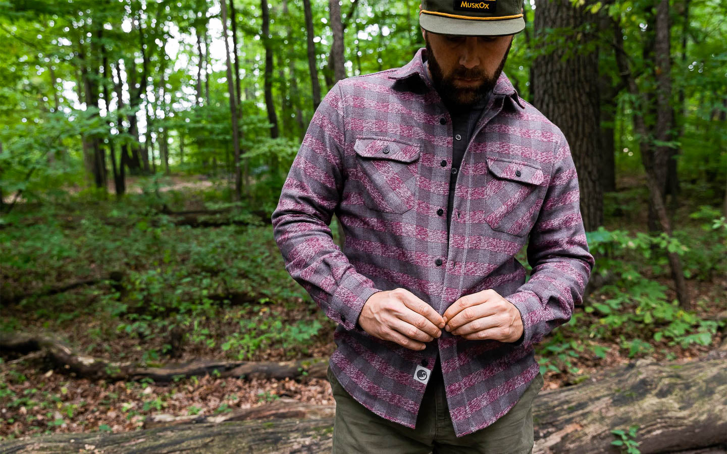 Man in MuskOx Heavyweight Flannel Shirt in Burgundy